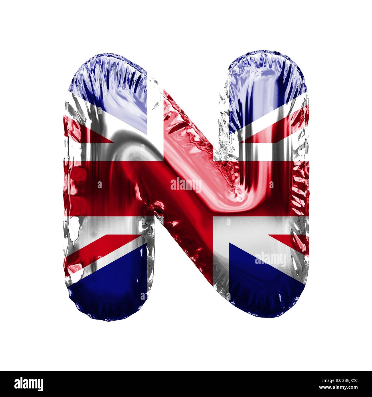 Letter N union jack great britain flag foil balloon font. 3D Render Stock Photo