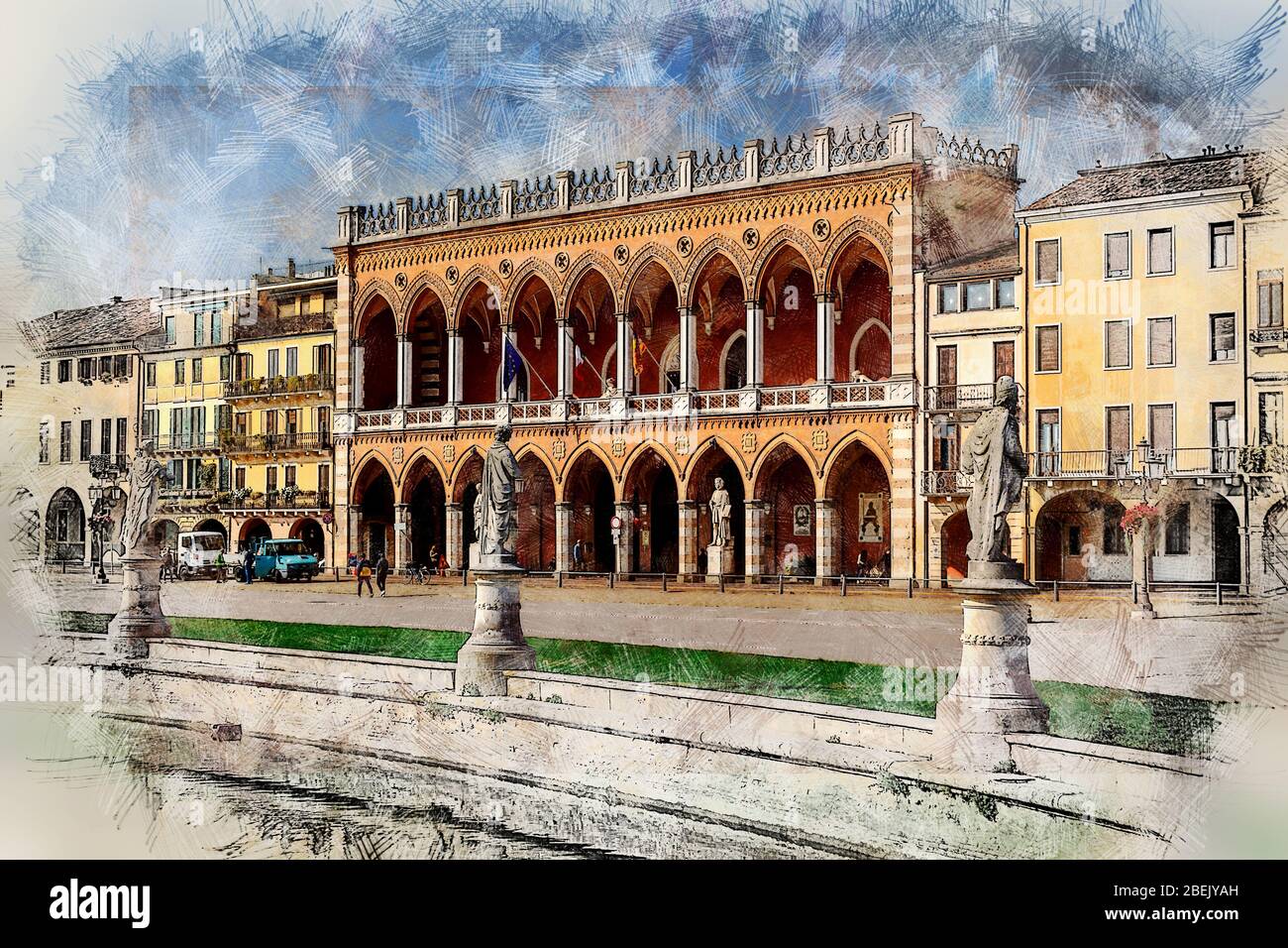 Lodge Amulea and and sculptures at Prato Della Valle. Padua, Province of Padua/ Italy. Color pencil style illustration. Stock Photo