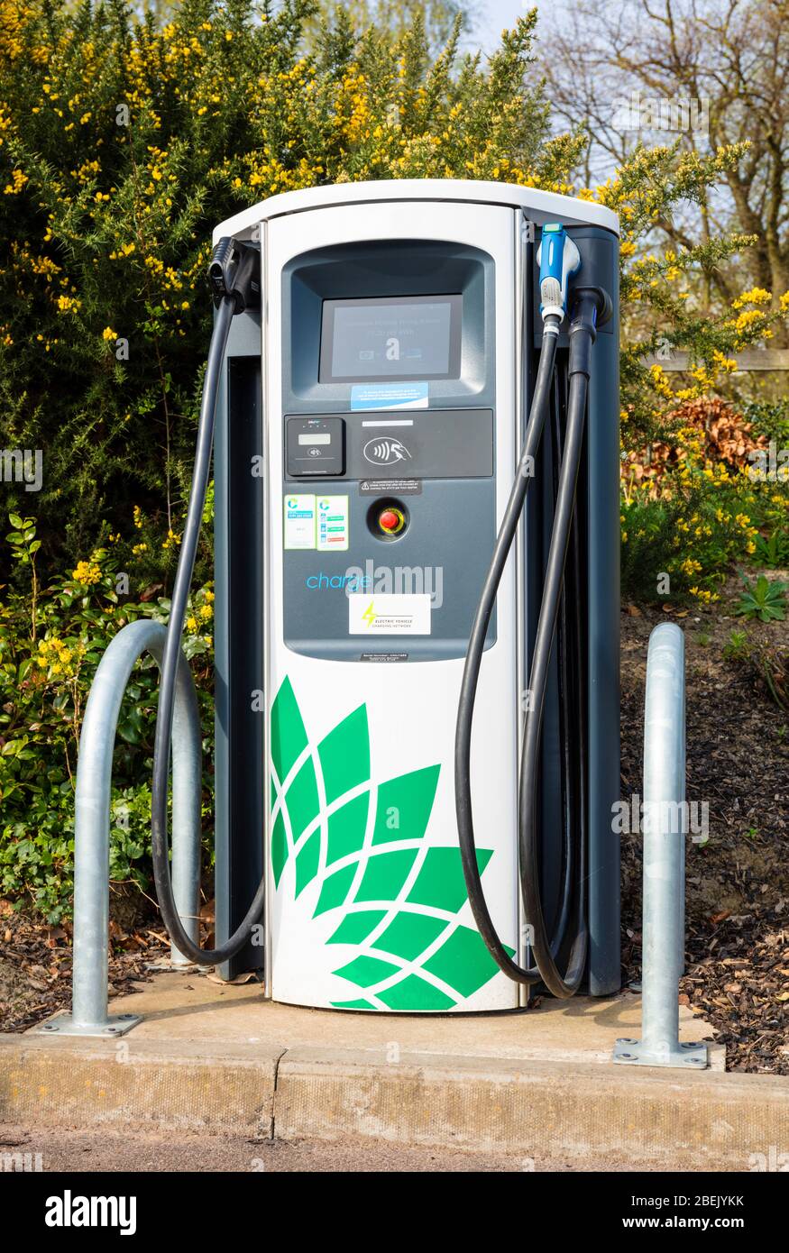 Public Rapid electric car charging station uk, rapid electric car charger,BP Chargemaster electric car charging unit at Toton park and ride Nottingham Stock Photo