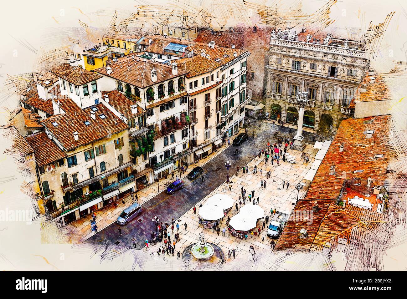 Aerial view of Piazza Delle Erbe from Torre dei Lamberti. Verona, Italy. Aquarelle sketch style illustration. Stock Photo