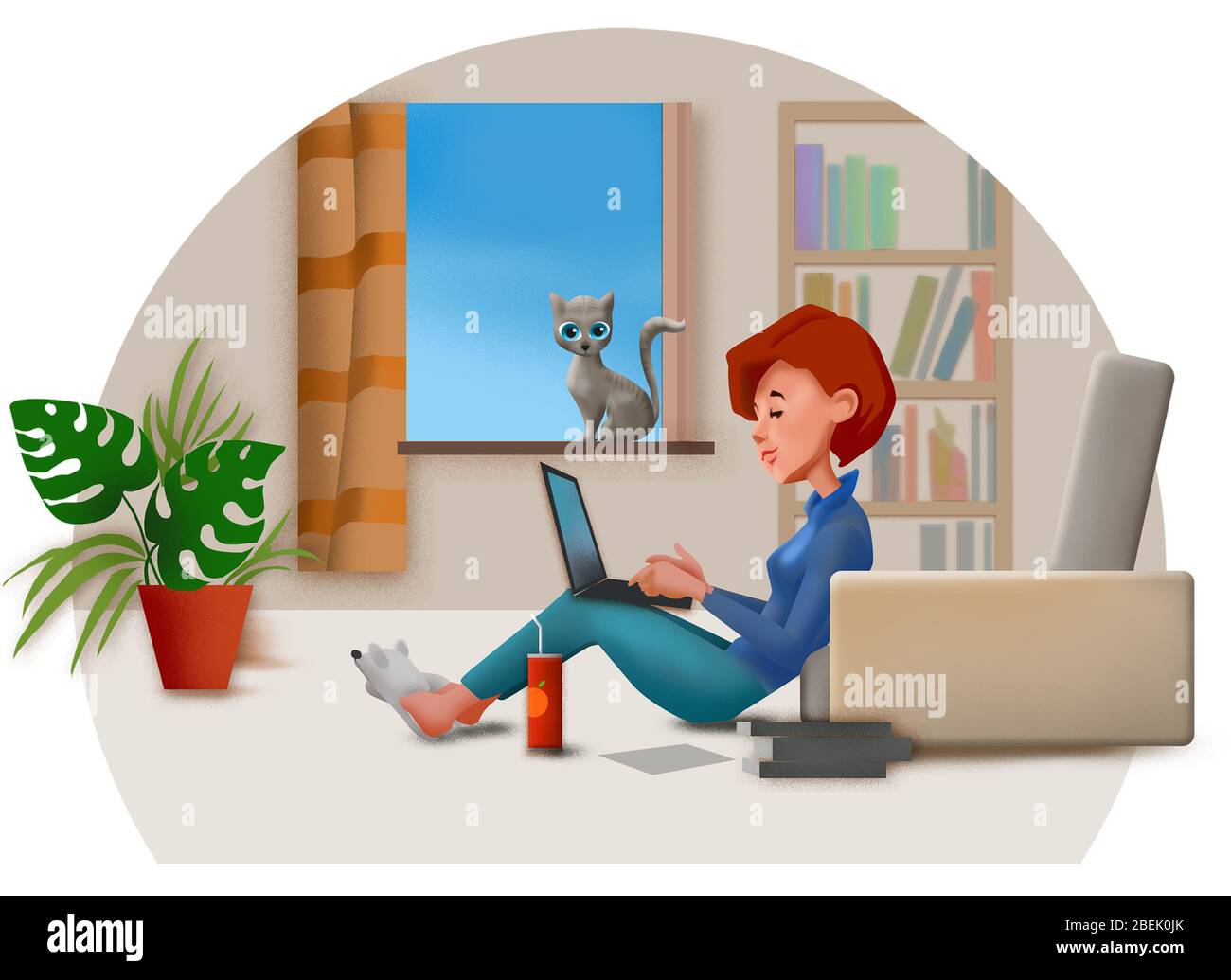 Cartoon of young woman working from home on laptop and a cat sitting at  window Stock Photo - Alamy
