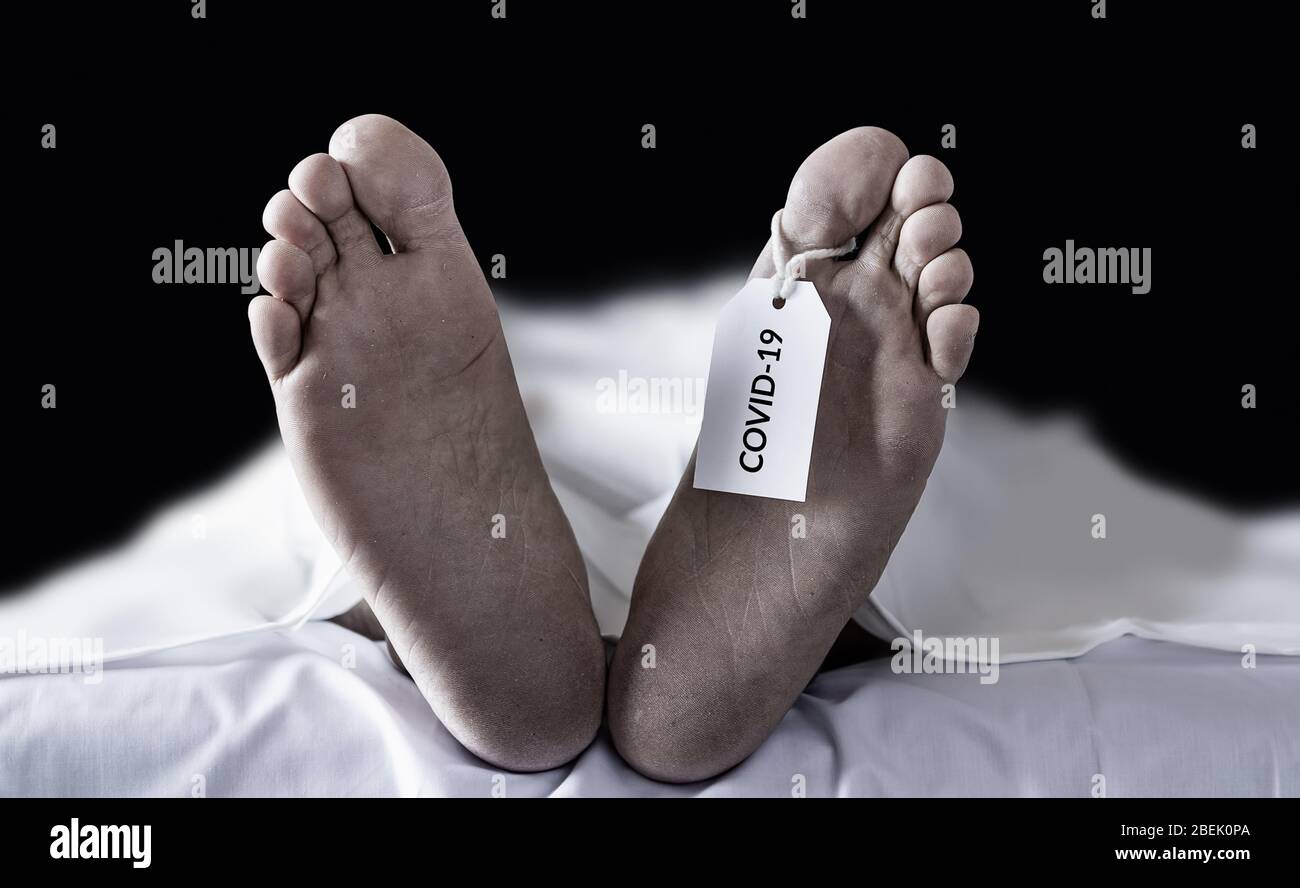 dead bodies hanging tag Covid-19. many victims of coronavirus infected person death around the world, severe epidemic that leads to enormous loss duri Stock Photo