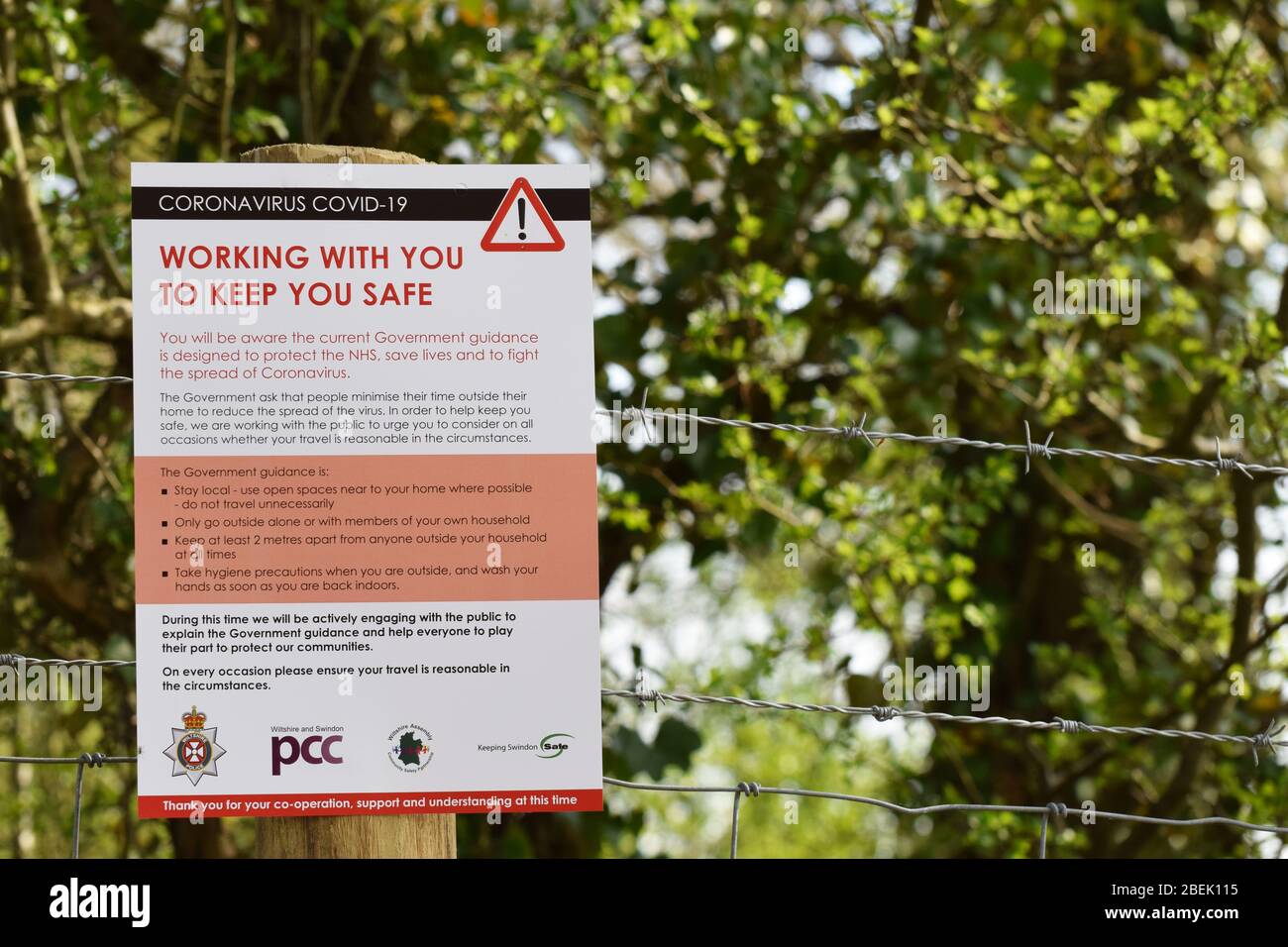April 2020. A public information sign in a countryside beauty spot popular with visitors advising people the UK's Coronavirus Covid-19 Lockdown rules Stock Photo