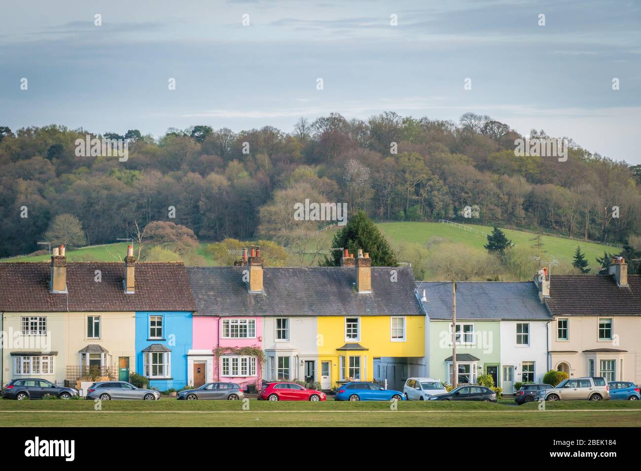 Reigate, Surrey, UK April 9, 2020 colorful terraces houses with