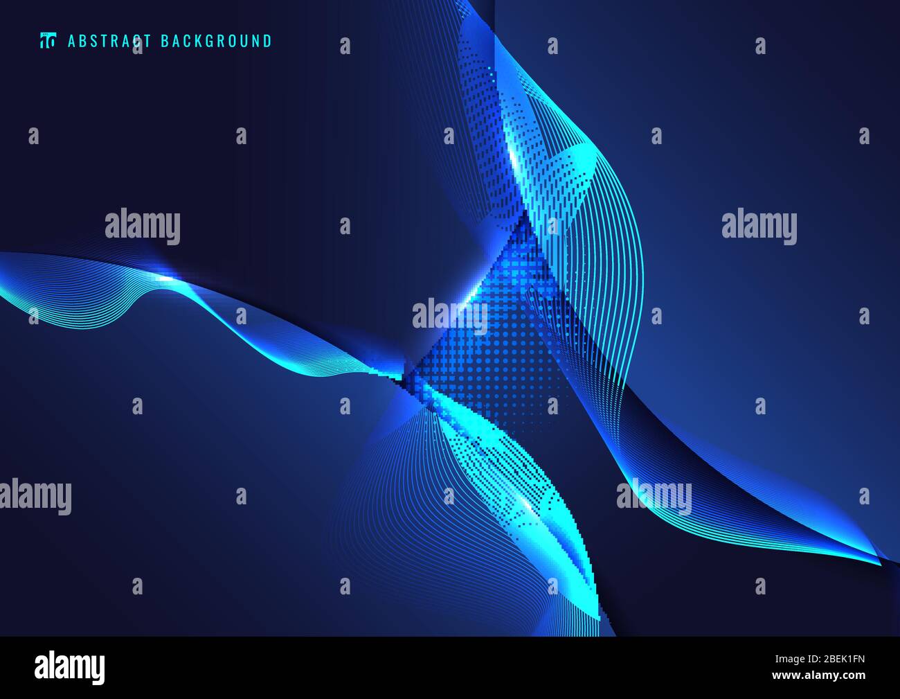 Abstract blue geometric with wavy line and lighting effect on dark ...
