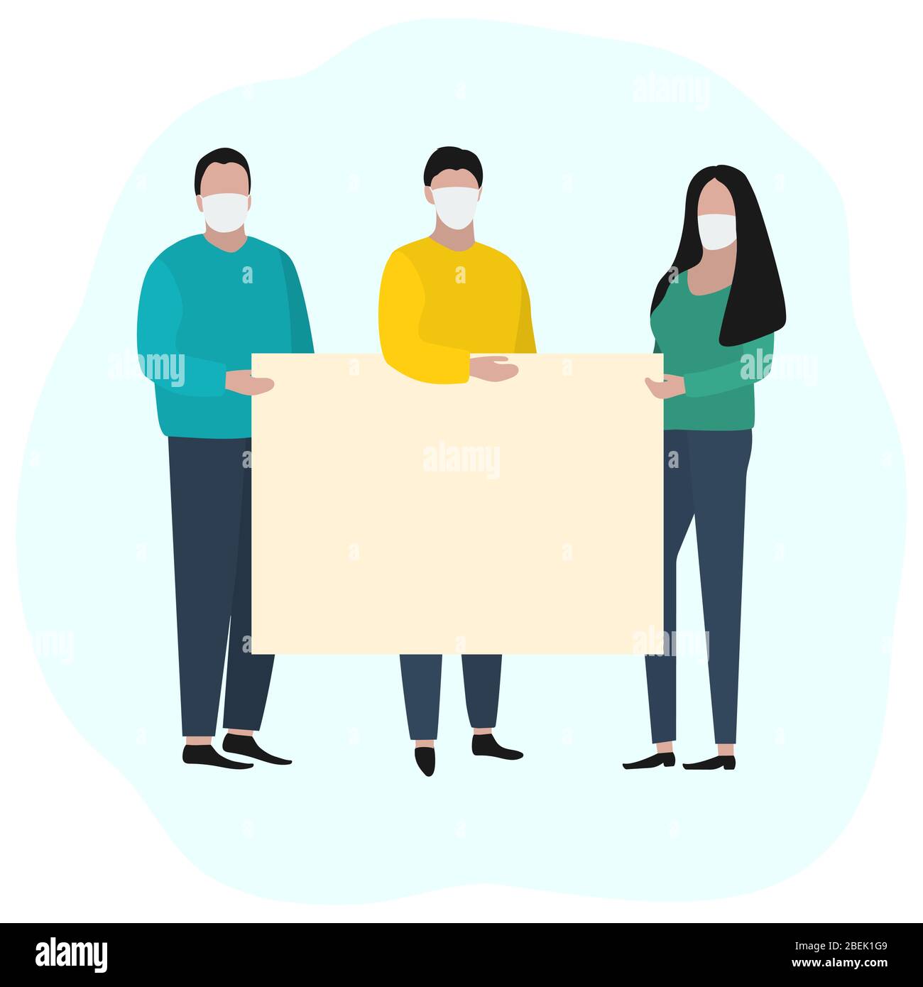 Man and a woman with a large advertising banner in medical masks. Fashion trendy illustration, flat design. Pandemic and epidemic of coronavirus in Stock Vector