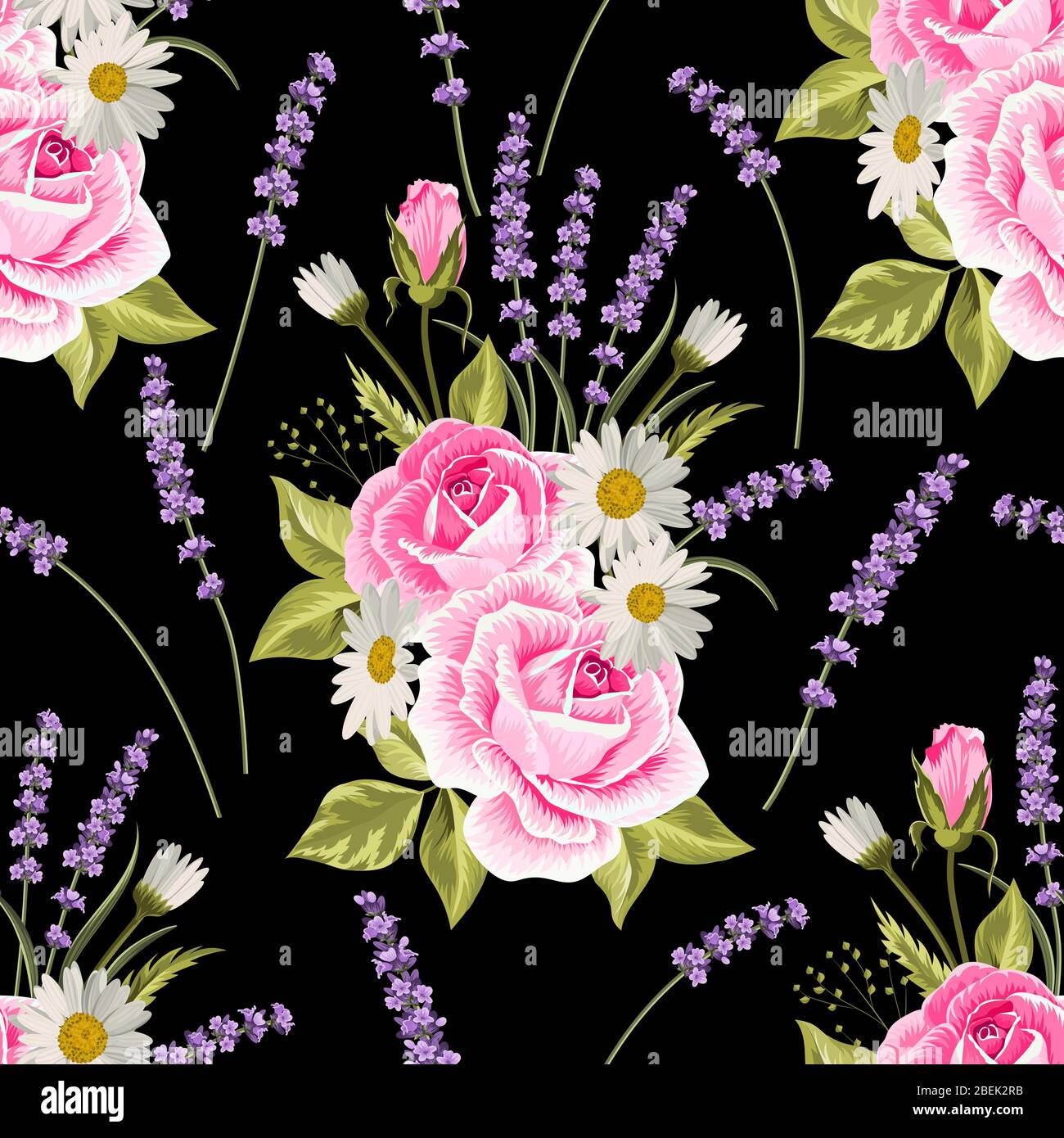 Seamless floral pattern with pink roses and lavenders on black ...