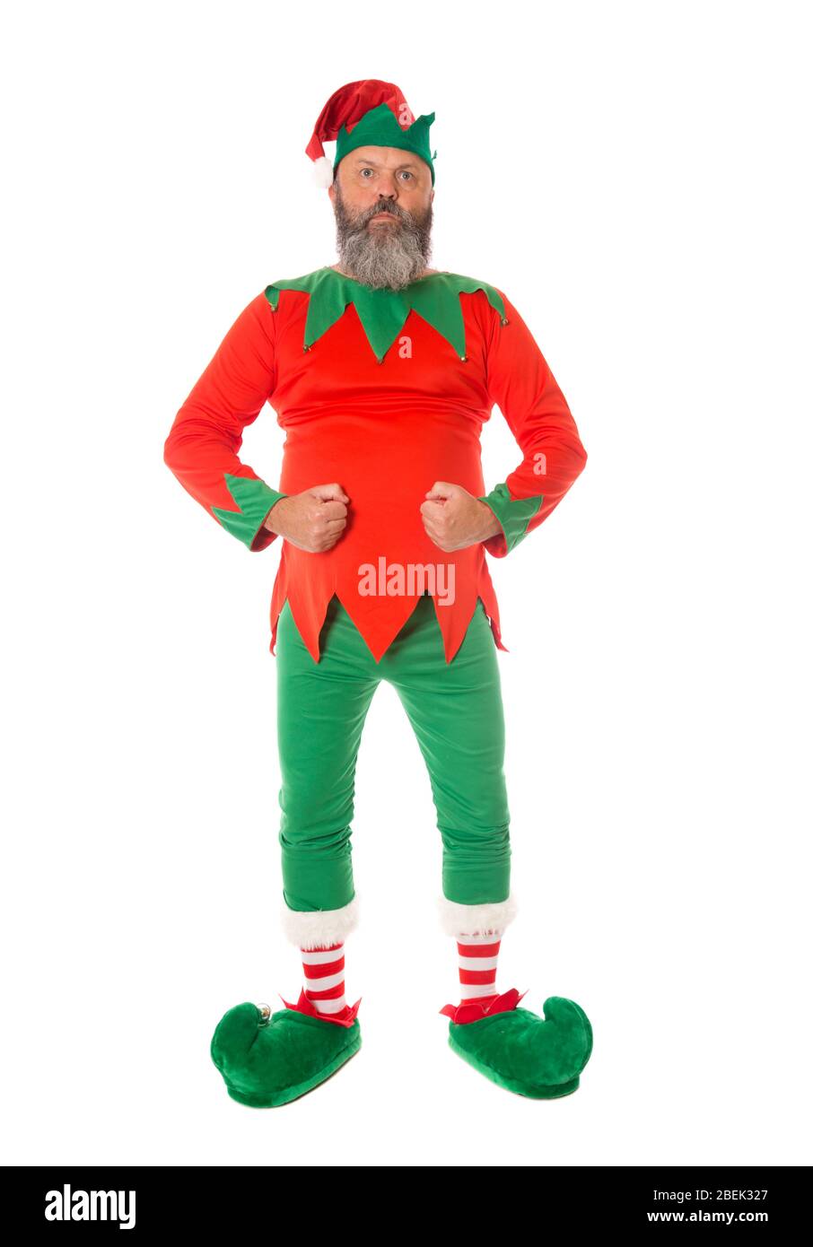 A Christmas Elf in an aggressive strong stance, possibly a security guard - fun concepts. Stock Photo