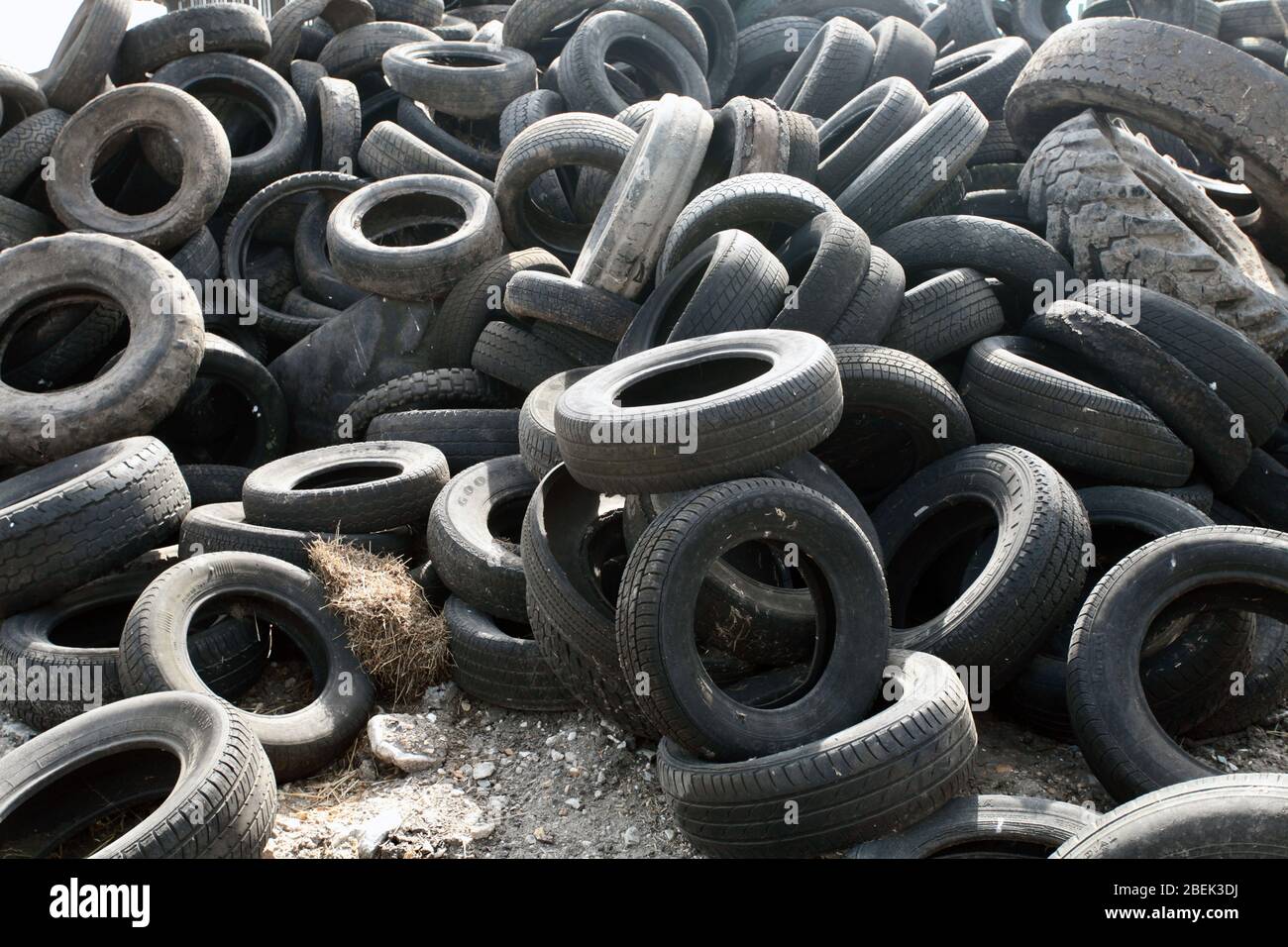 Pile of used tyres awaiting disposal, Dorset, UK April 2020 Stock Photo