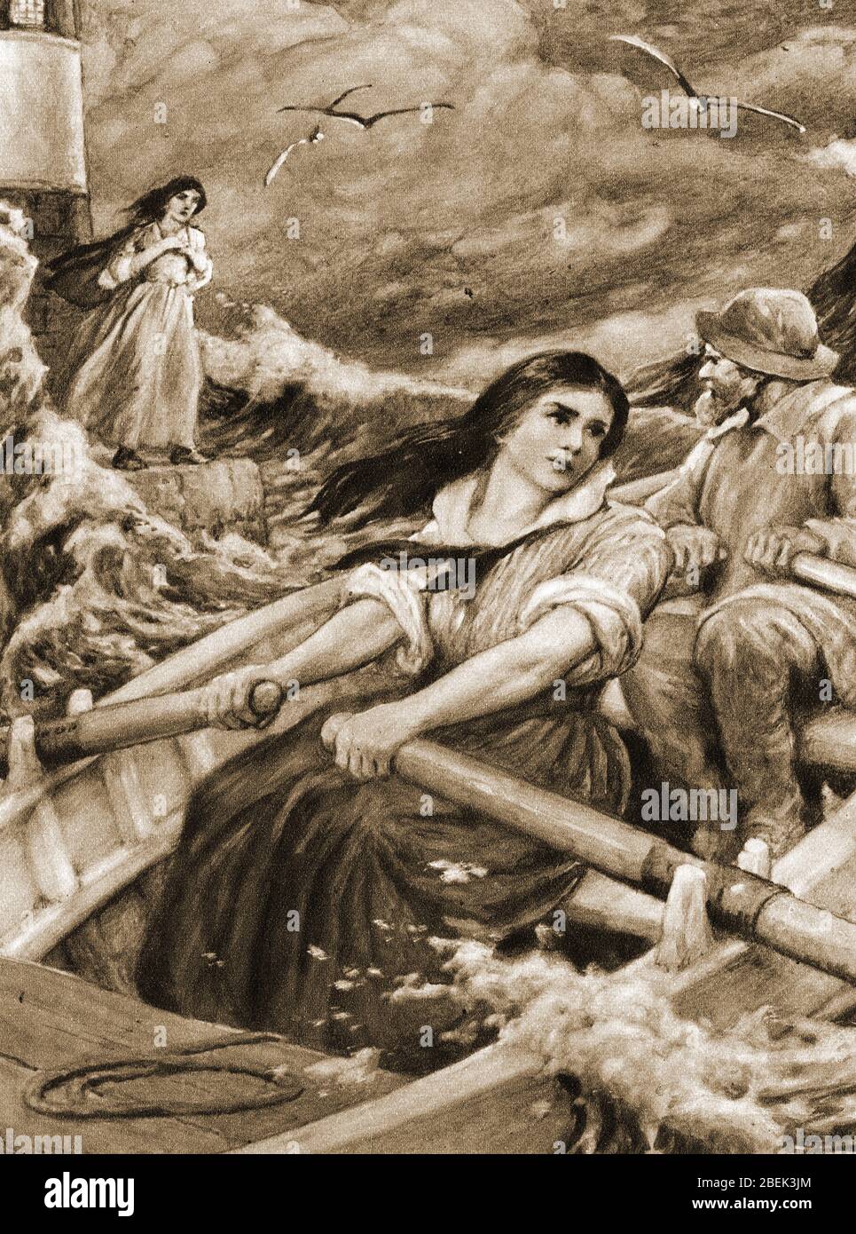 1920  Artist's impression - Grace Horsley Darling (1815-1842)  and her father rescuing the survivors from the wreck of the steamer 'Forfarshire'. Grace Darling was an English lighthouse keeper's daughter. who with her father William used a rowing boat to rescue 9 survivors (of a total of  62 people) from the shipwrecked Forfarshire in 1838.   The paddle steamer ran aground on the Farne Islands off the coast of  Northumberland under conditions that were so bad a lifeboat rescue was difficult to attempt. The 23 year old and her father achieved national fame.She died of tuberculosis in 1842. Stock Photo