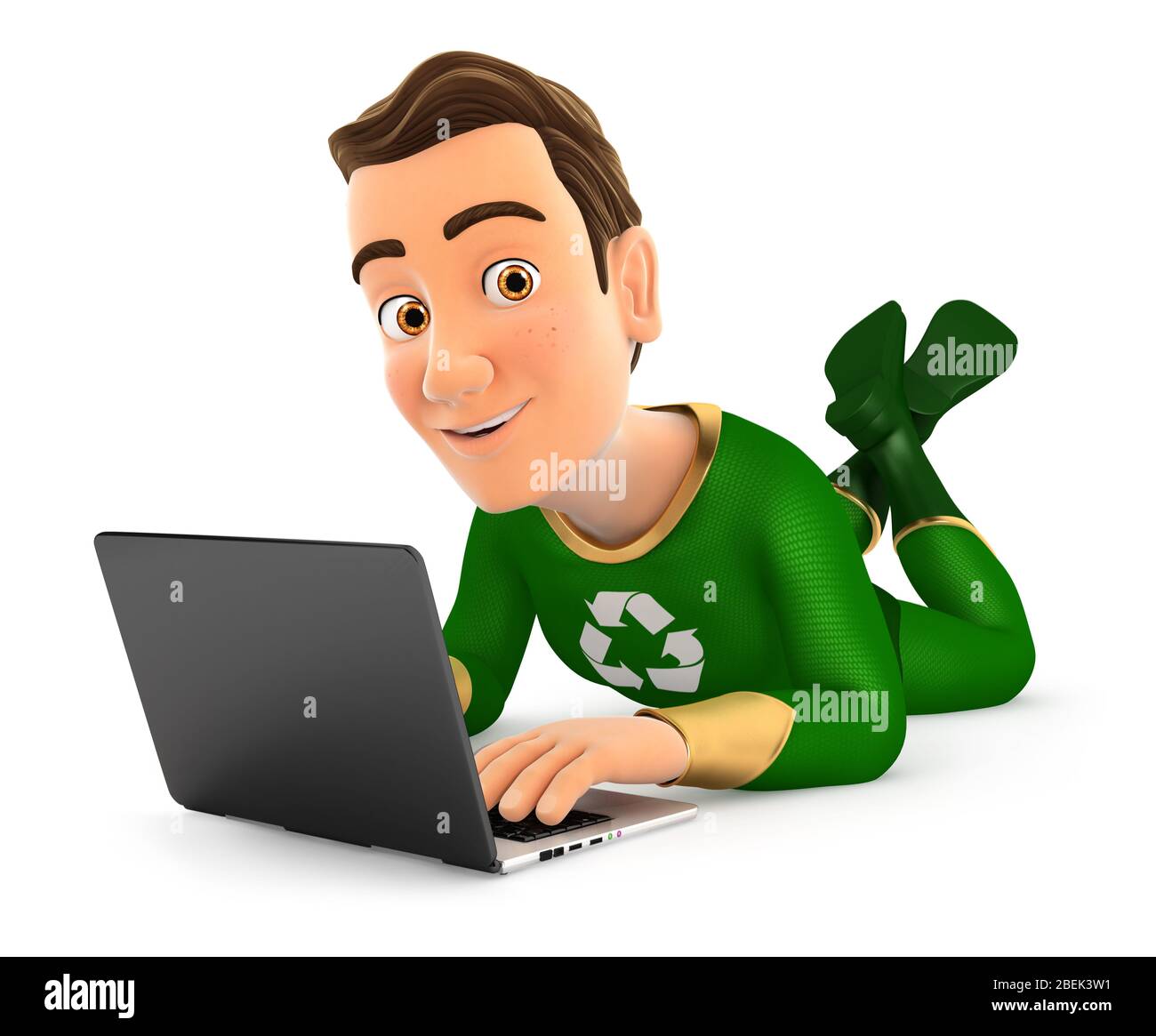 3d green hero lying on the floor and using laptop, illustration with isolated white background Stock Photo