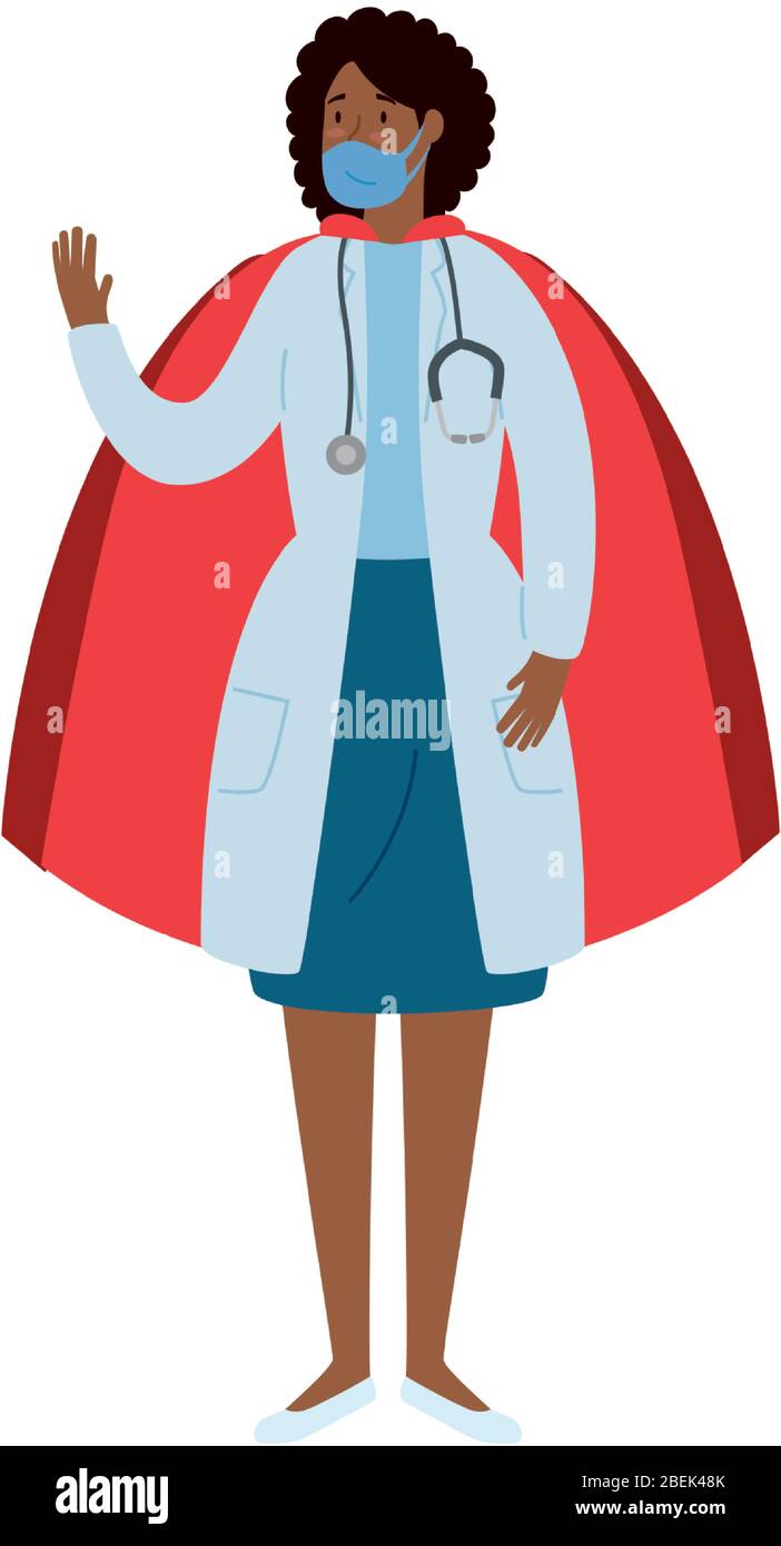 super doctor female afro with face mask and hero cloak Stock Vector ...