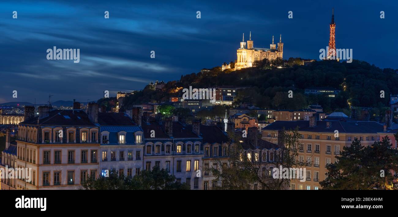 View of Lyon by night, France Stock Photo