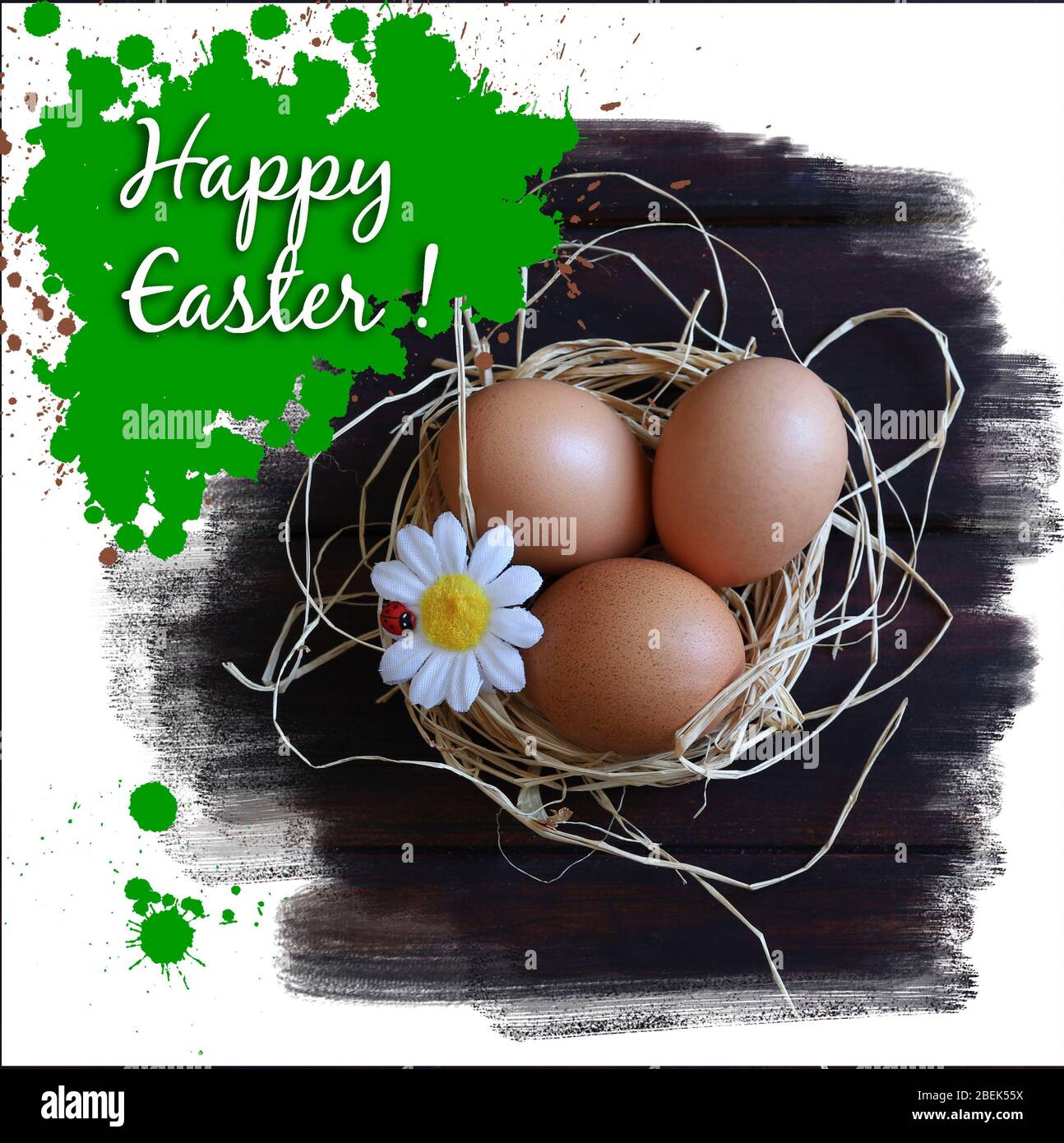 Easter concept. Easter card with eggs in a nest on a light background ...