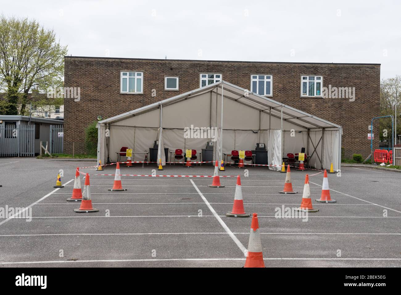 Drive through coronavirus assessment centre opens in Maison Dieu Road Dover, Kent, UK. Patients drive into bays and remain in their cars. 15/04/2020 Stock Photo