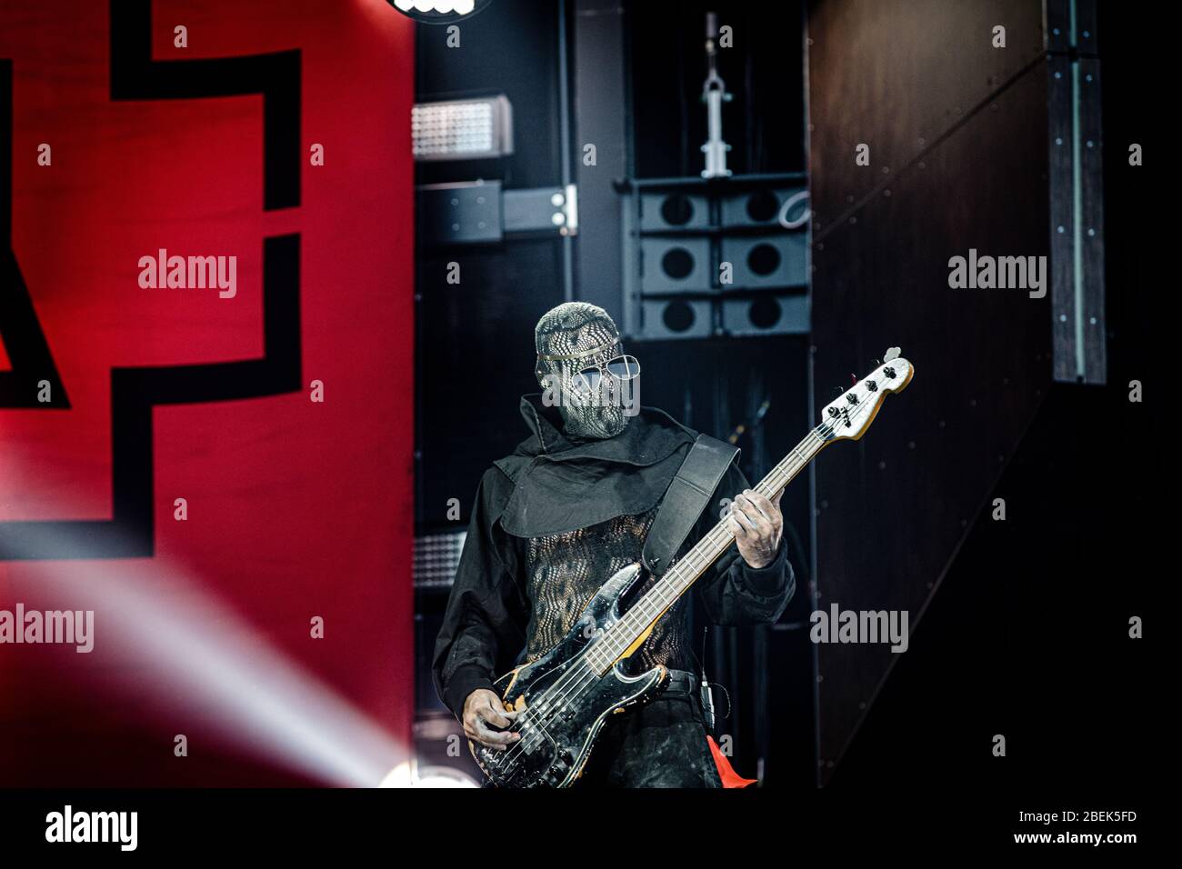 Copenhagen, Denmark. 19th, June 2019. Rammstein, the German industrial metal band, performs a live concert at Telia Parekn in Copenhagen. Here bass player Oliver Riedel is seen live on stage. (Photo credit: Gonzales Photo - Thomas Rungstrom). Stock Photo