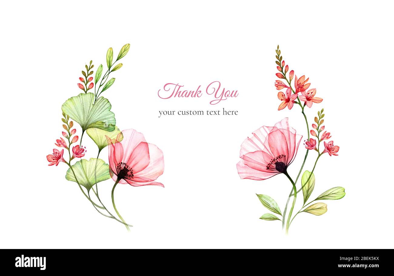 Watercolor floral card template. Abstract poppy flower with ginkgo leaves in wreath shape. Thank you card with custom text. Botanical illustration for Stock Photo