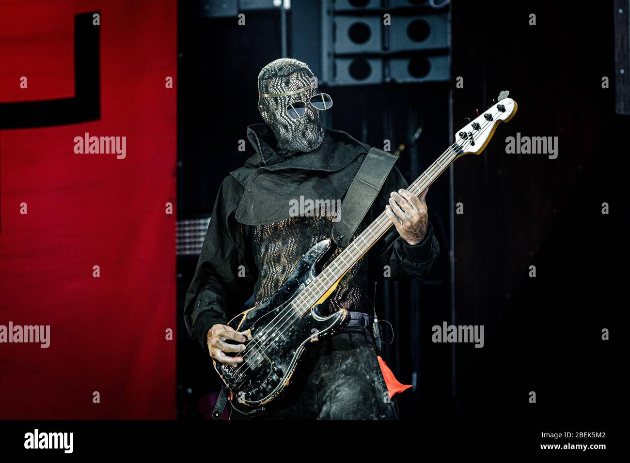 Copenhagen, Denmark. 19th, June 2019. Rammstein, the German industrial metal band, performs a live concert at Telia Parekn in Copenhagen. Here bass player Oliver Riedel is seen live on stage. (Photo credit: Gonzales Photo - Thomas Rungstrom). Stock Photo