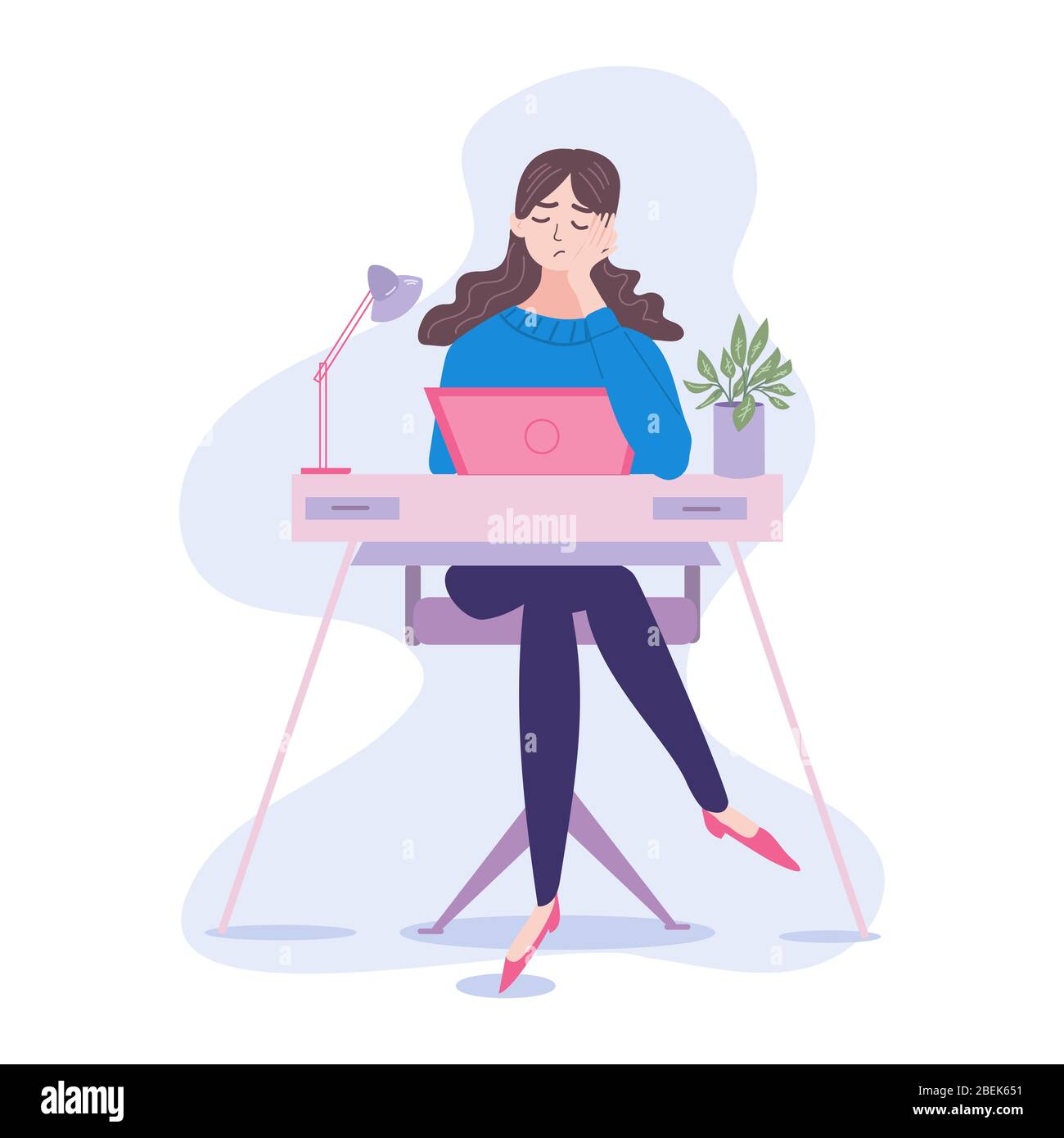 A poor bored or tired office woman or working from home. Stock Vector