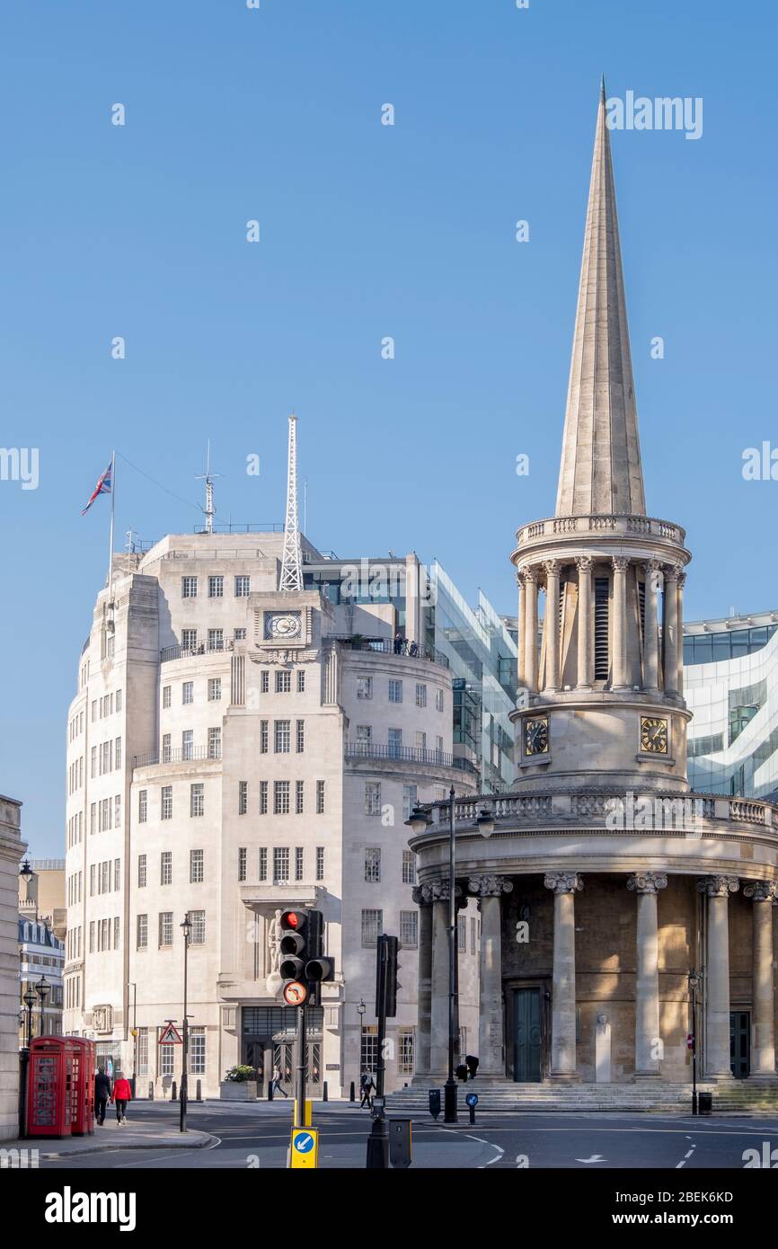 Europe, United Kingdom, England, London, Regent Street. BBC Broadcasting House and the John Nash designed church of All Souls, Langham Place Stock Photo