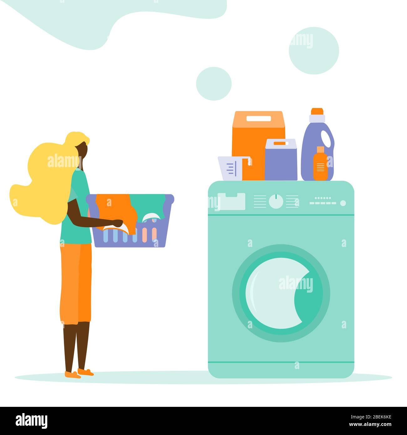 Vector illustration Woman carries wash dirty clothes Washing machine ...