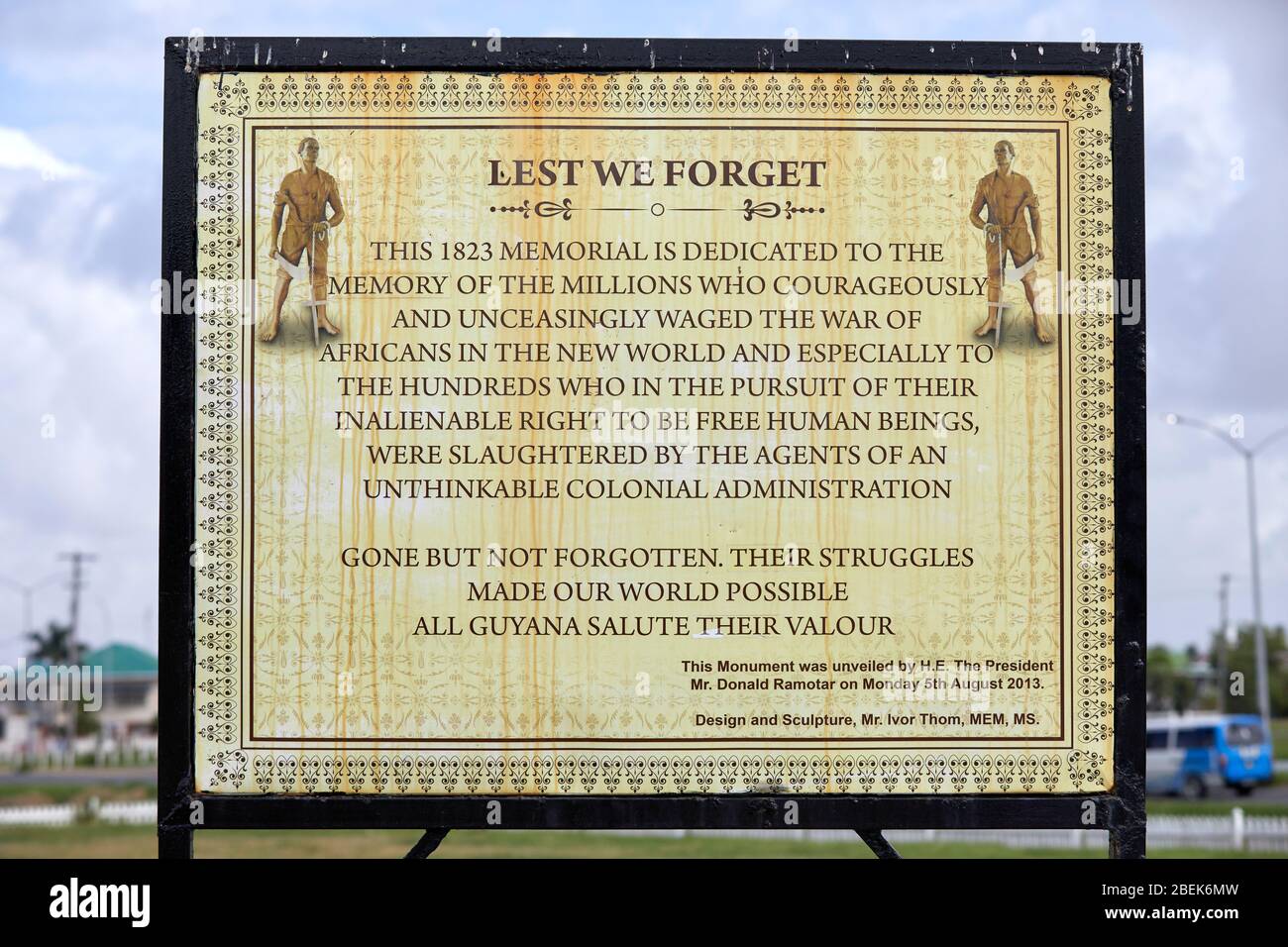 Lest We Forget plaque at 1823 Monument in Georgetown Guyana, South America Stock Photo