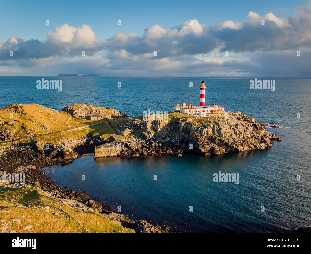 An Aerial photograph overlooking Eilean Glas Lighthouse on the Isle of Scaplay, Outer Hebridies, Scotland Stock Photo