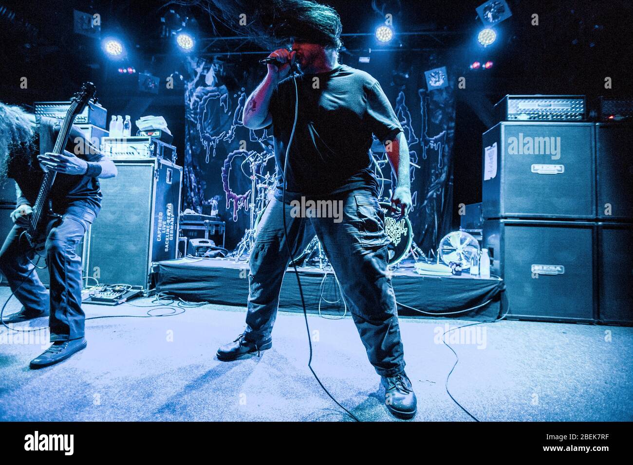 Kolding, Denmark. 15th, February 2018. The American death metal band Cannibal Corpse performs a live concert at Godset in Kolding. Here vocalist George Fisher a.k.a. Corpsgrinder is seen live on stage. (Photo credit: Gonzales Photo - Lasse Lagoni). Stock Photo