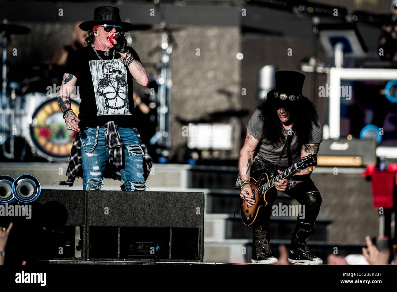 Odense, Denmark. 06th, June 2018. The American rock band Guns N' Roses  performs a live concert at Dyrskuepladsen in Odense. Here vocalist Axl Rose  is seen live on stage with guitarist Slash. (