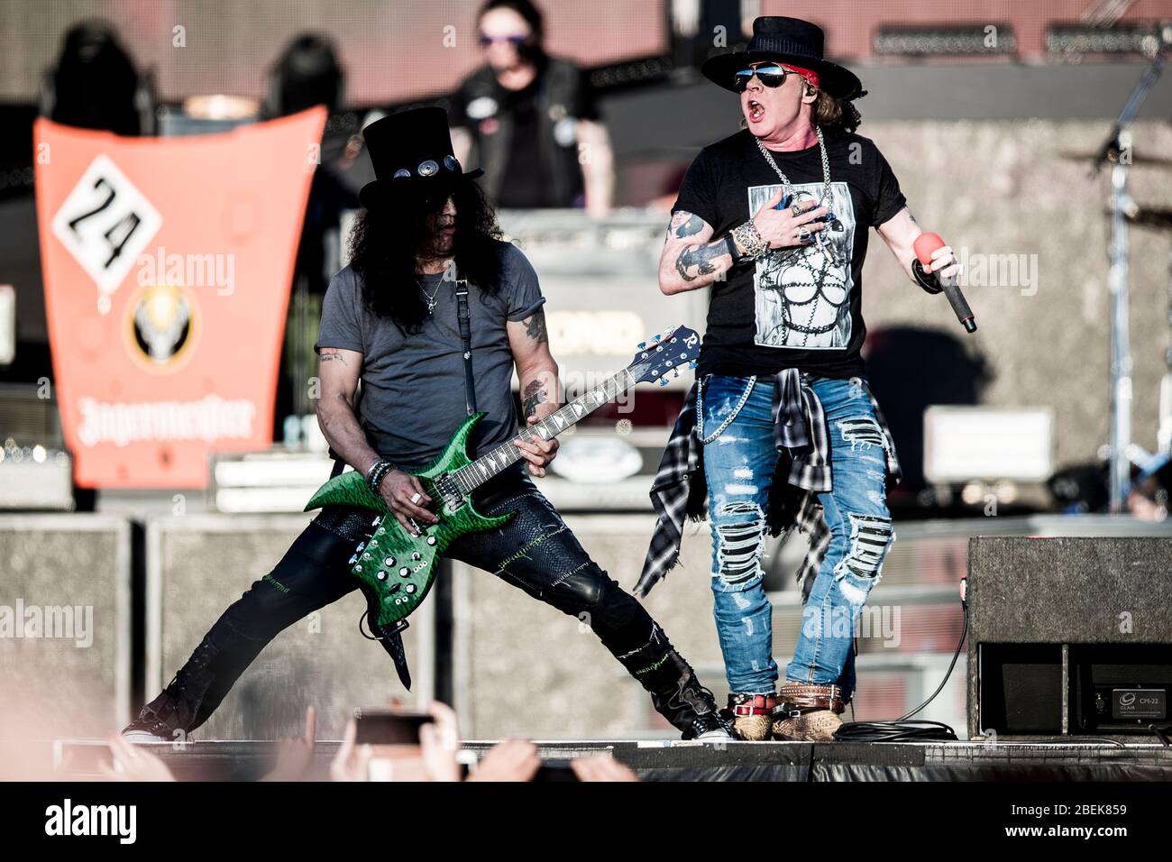 Odense, Denmark. 06th, June 2018. The American rock band Guns N' Roses  performs a live concert at Dyrskuepladsen in Odense. Here vocalist Axl Rose  is seen live on stage with guitarist Slash. (