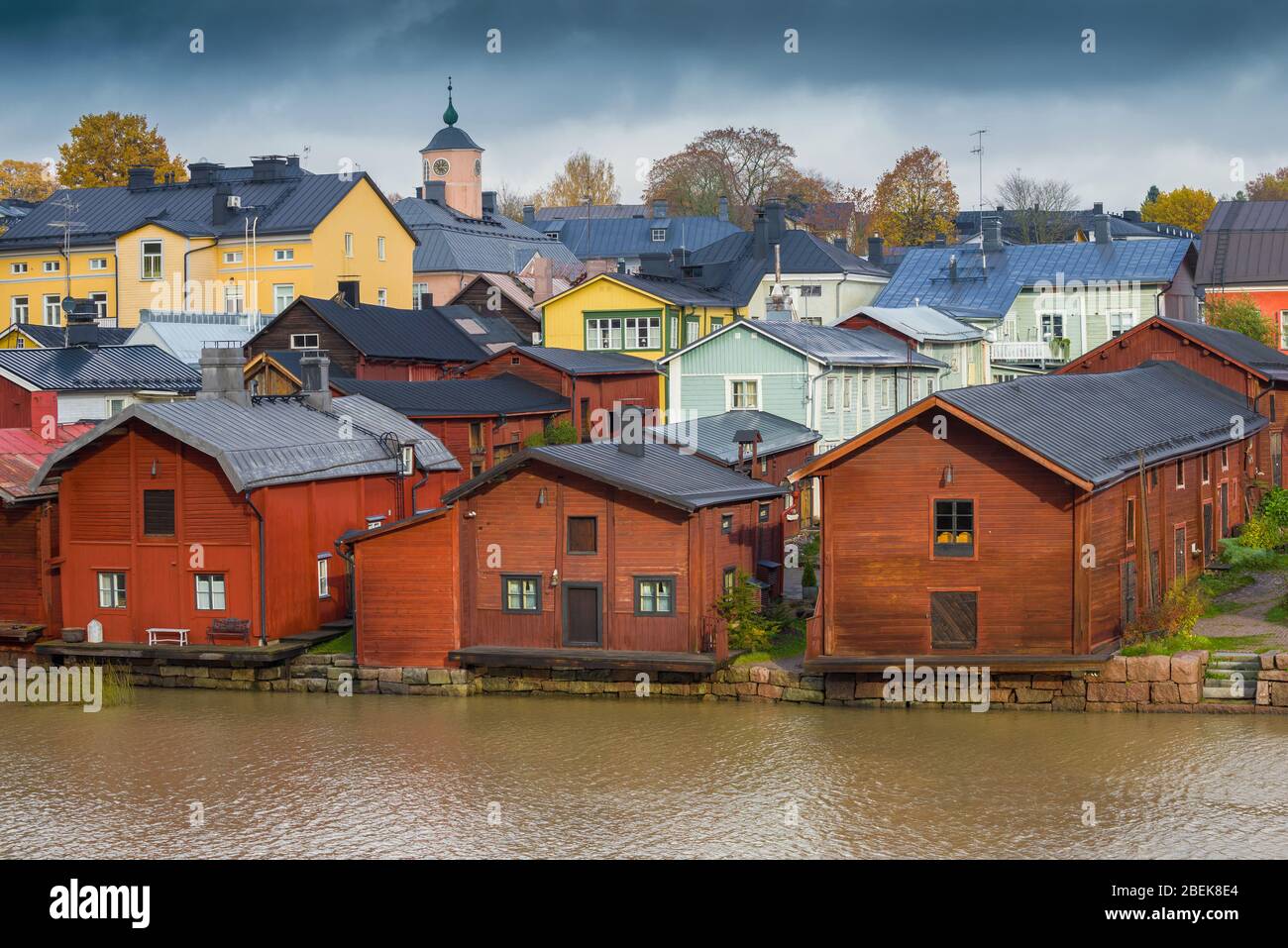 Old wooden barns on a cityscape on a cloudy October day. Old Porvoo, Finland Stock Photo