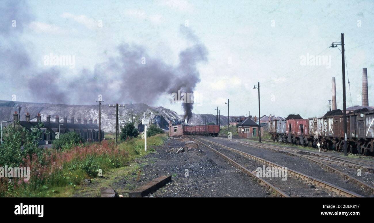 1969, Colliery steam engine shunting coal wagons at Waterside Mine, Dalmellington South West Scotland, UK Stock Photo