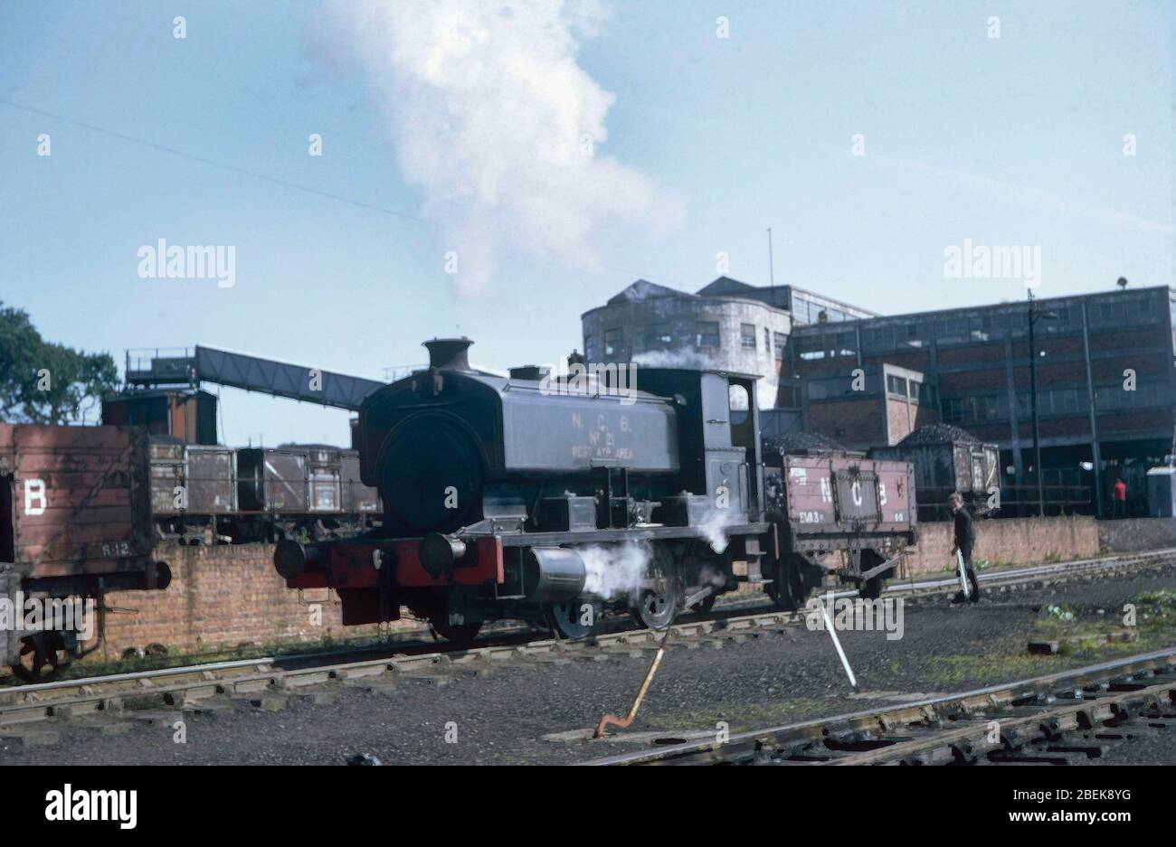 1969, Colliery steam engine shunting coal wagons at Waterside Mine, Dalmellington South West Scotland, UK Stock Photo