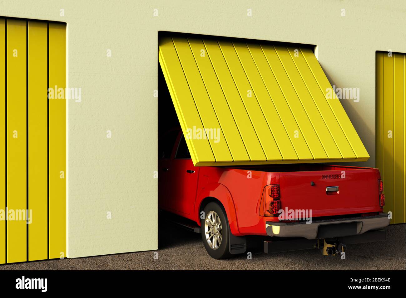 3D rendering of a conceptual image of a big pickup truck that does not fit in the garage. Stock Photo