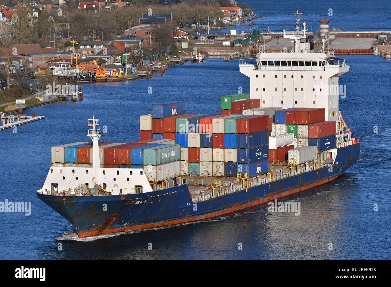 Containerfeeder Elke passing the Kiel Canal Stock Photo