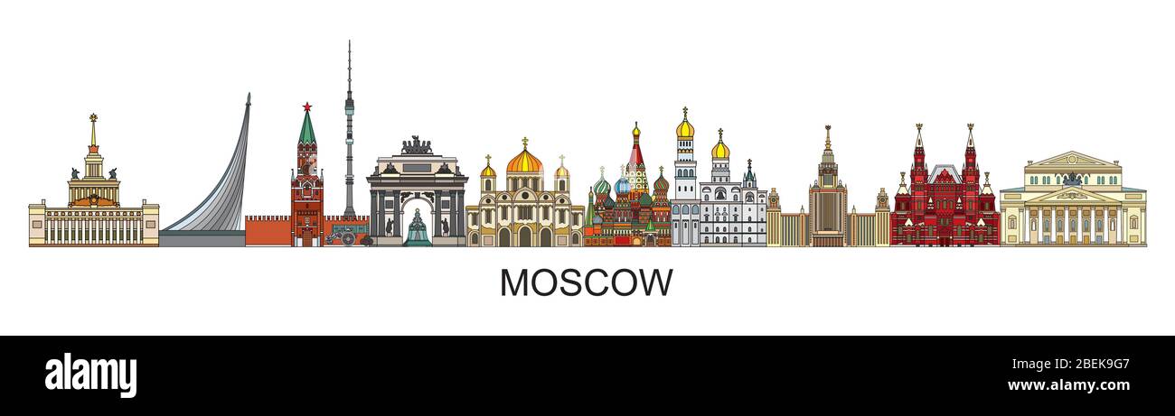Panoramic colorful Moscow skyline travel illustration with architectural landmarks front view in line art style. Horizontal russian tourism and journe Stock Vector