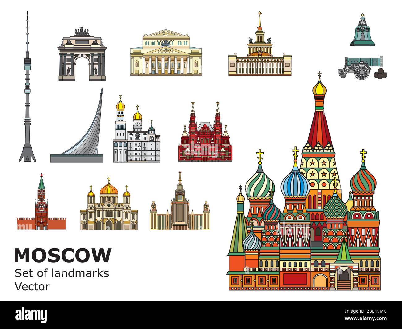 Colorful vector line art set of Moscow landmarks. Vector illustration isolated on white background. Set of vector colorful illustration of attractions Stock Vector