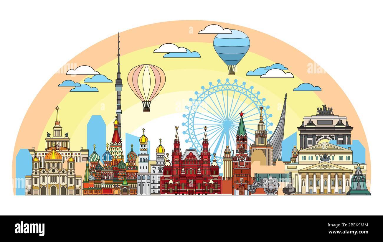 Moscow cityscape travel colorful illustration with architectural landmarks front view in line art style. Horizontal skyline russian tourism and journe Stock Vector
