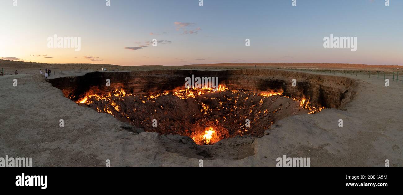 Panoramic photos of the Darvasa Crater, also known as the Doorway to Hell, the flaming gas crater in Darvaza (Darvasa), Turkmenistan Stock Photo