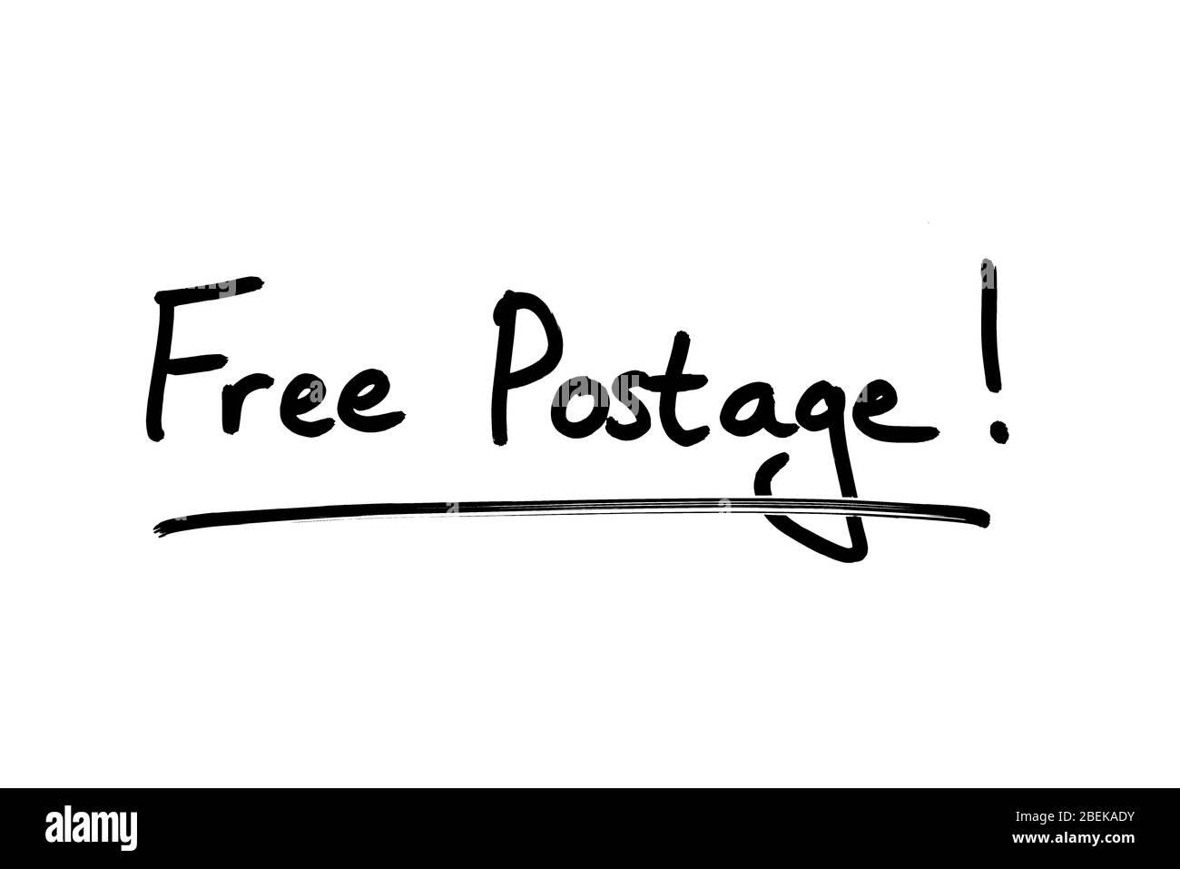 Free Postage! handwritten on a white background. Stock Photo