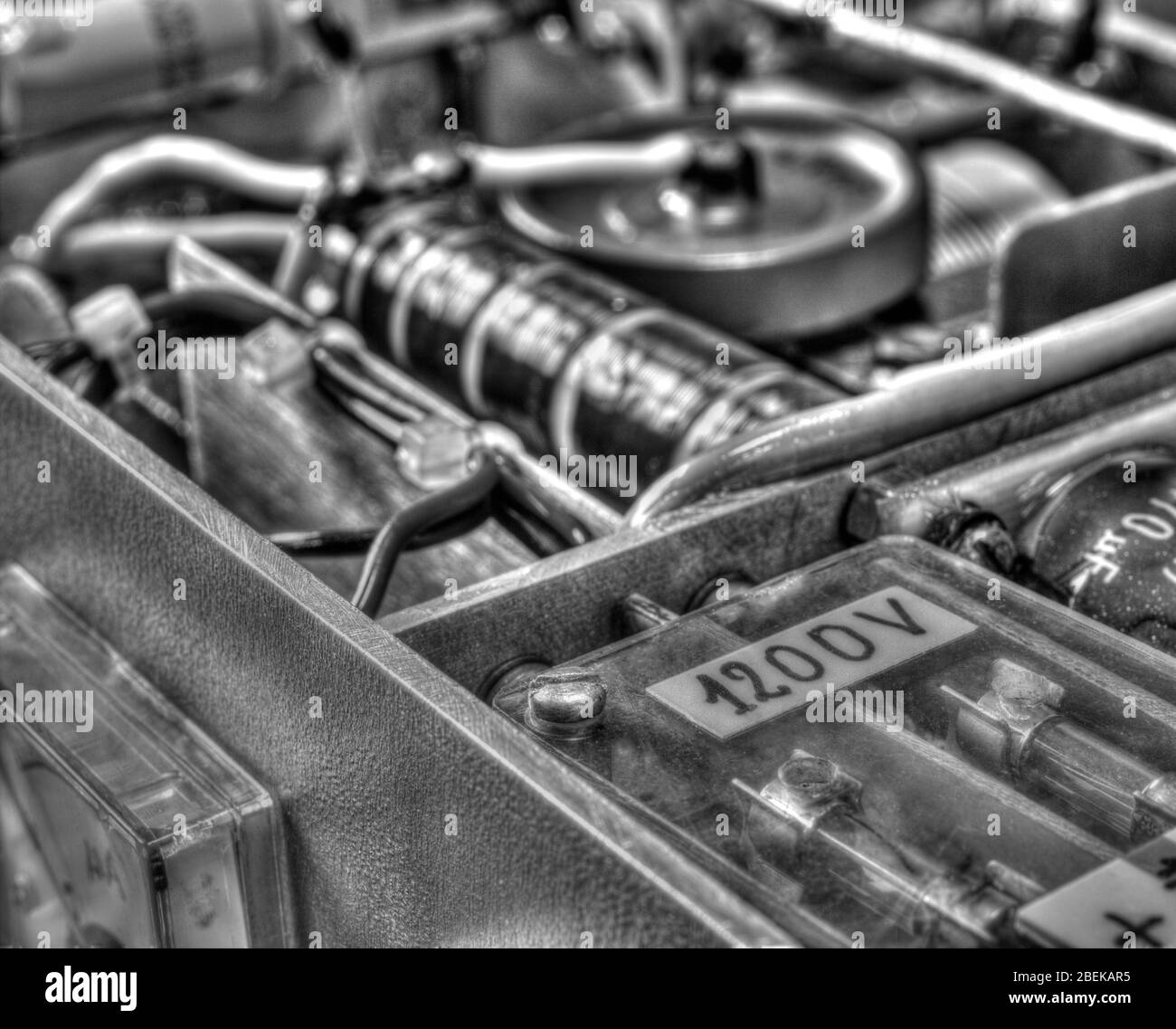 Inside view of high frequency power amplifier with capacitors, coils
