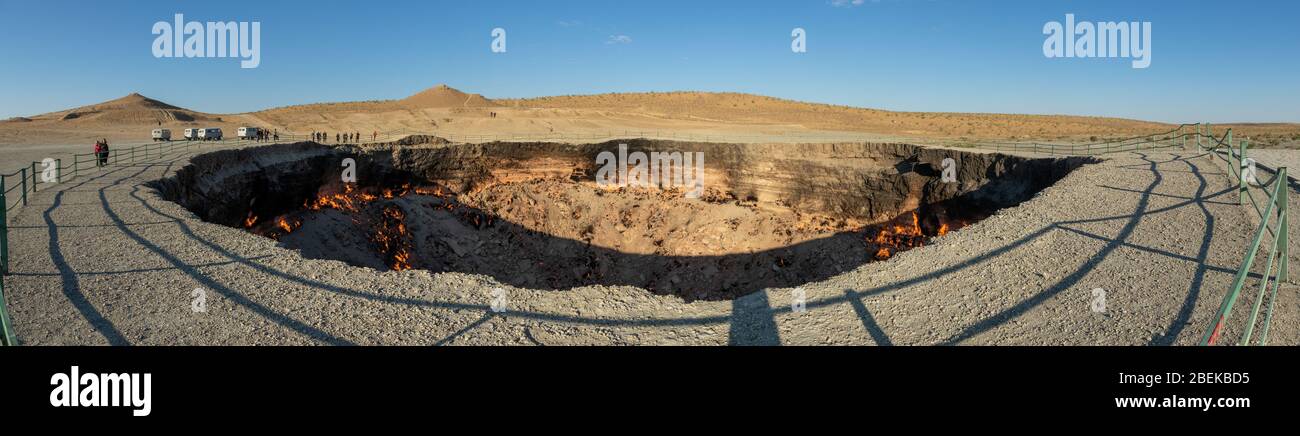 Panoramic photos of the Darvasa Crater, also known as the Doorway to Hell, the flaming gas crater in Darvaza (Darvasa), Turkmenistan Stock Photo