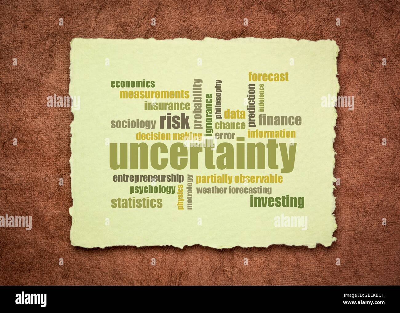 uncertainty and risk word cloud on a sheet of a soft handmade rag paper, business decision making and forecast concept Stock Photo