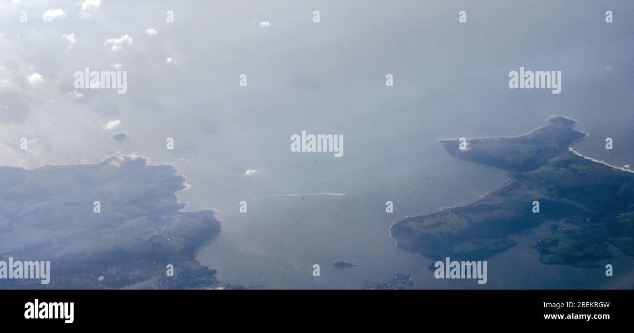 Aerial view of the city of Plymouth and Rame Head with Heybrook Bay, Down Thomas and the River Tamar and River Plym in Devon. Stock Photo