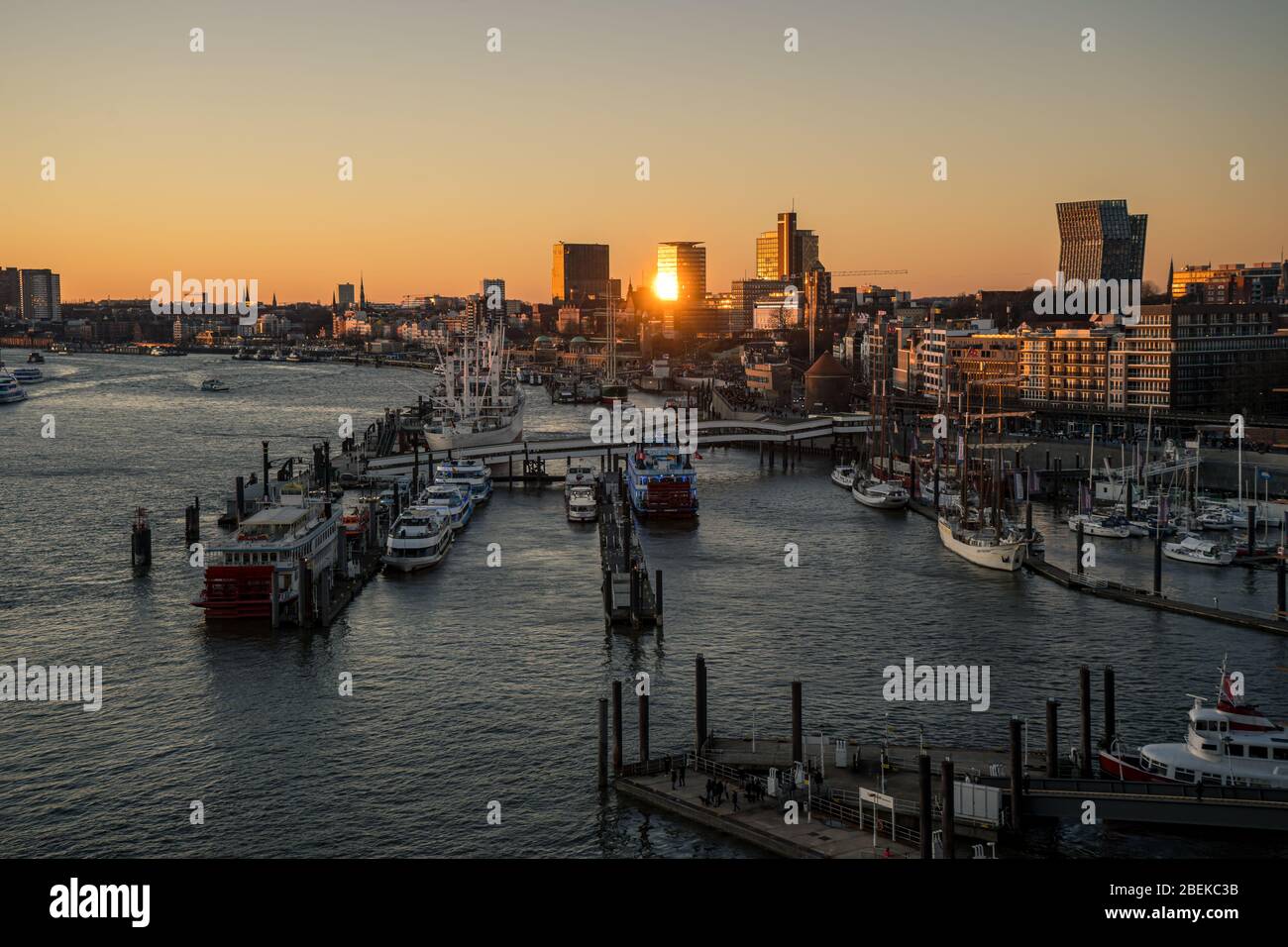 Panoramic view of the Port of Hamburg in the Hafen City at Elbe river at sunset/twilight Stock Photo