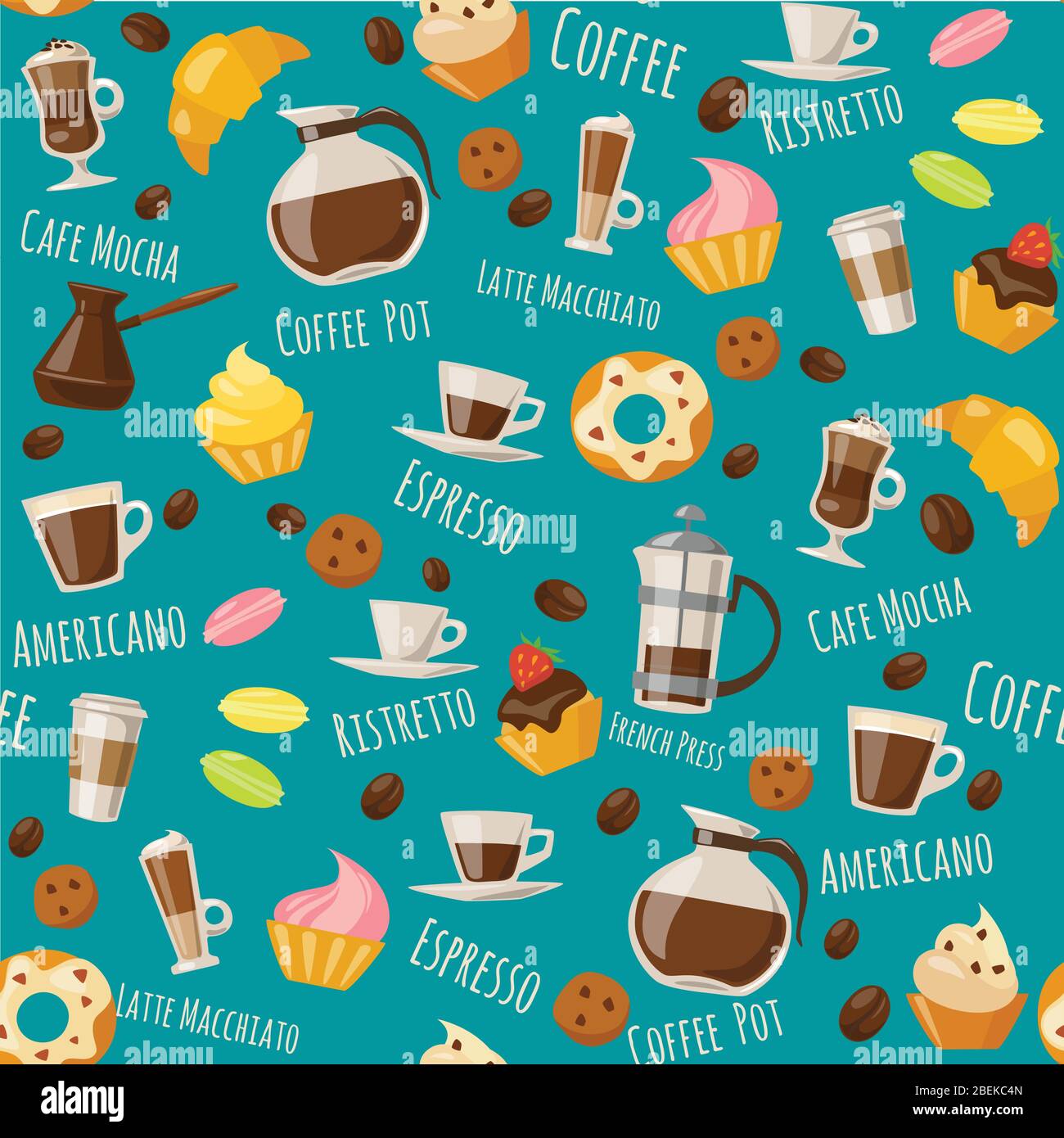 Coffe style seamless pattern with drinks and sweets and lettering. Stock Vector