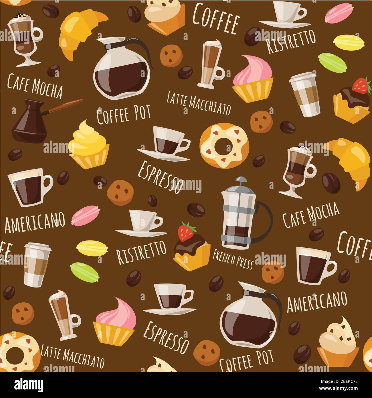 Coffe style seamless pattern with drinks and sweets and lettering. Stock Vector