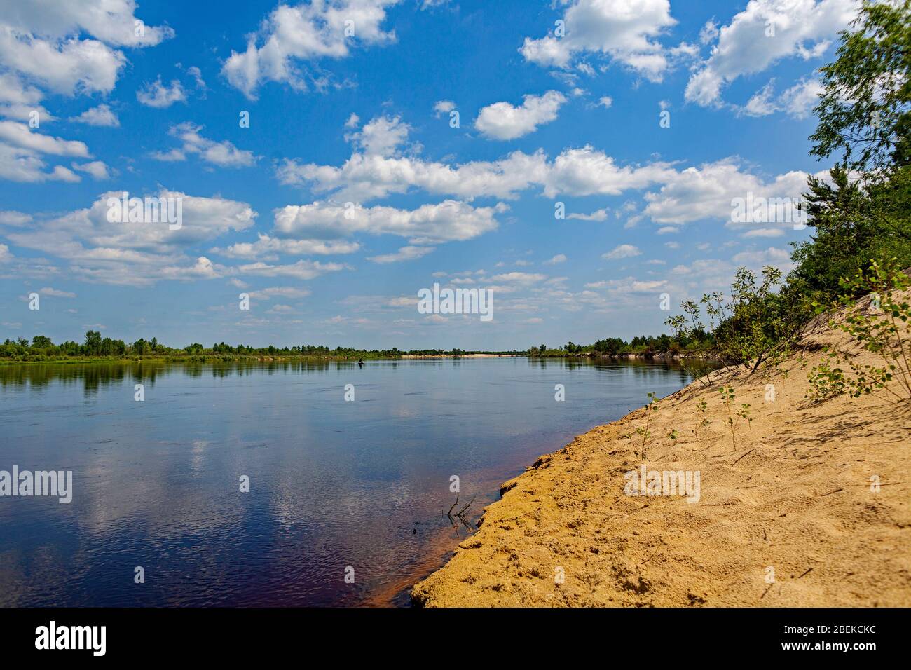 The October 17, 2019, photo of Pripyat River in abandoned territory in Ukraine nearby Chernobyl Nuclear Power Plant, which was evacuated on the April Stock Photo