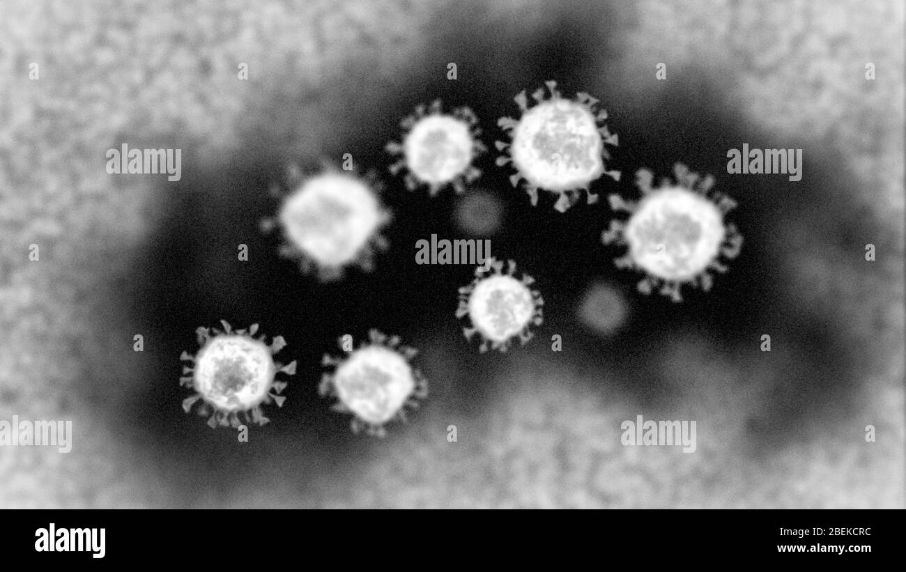 Realistic computer-generated micrograph showing a group of coronavirus particles as seen under a transmission electron microscope. Stock Photo