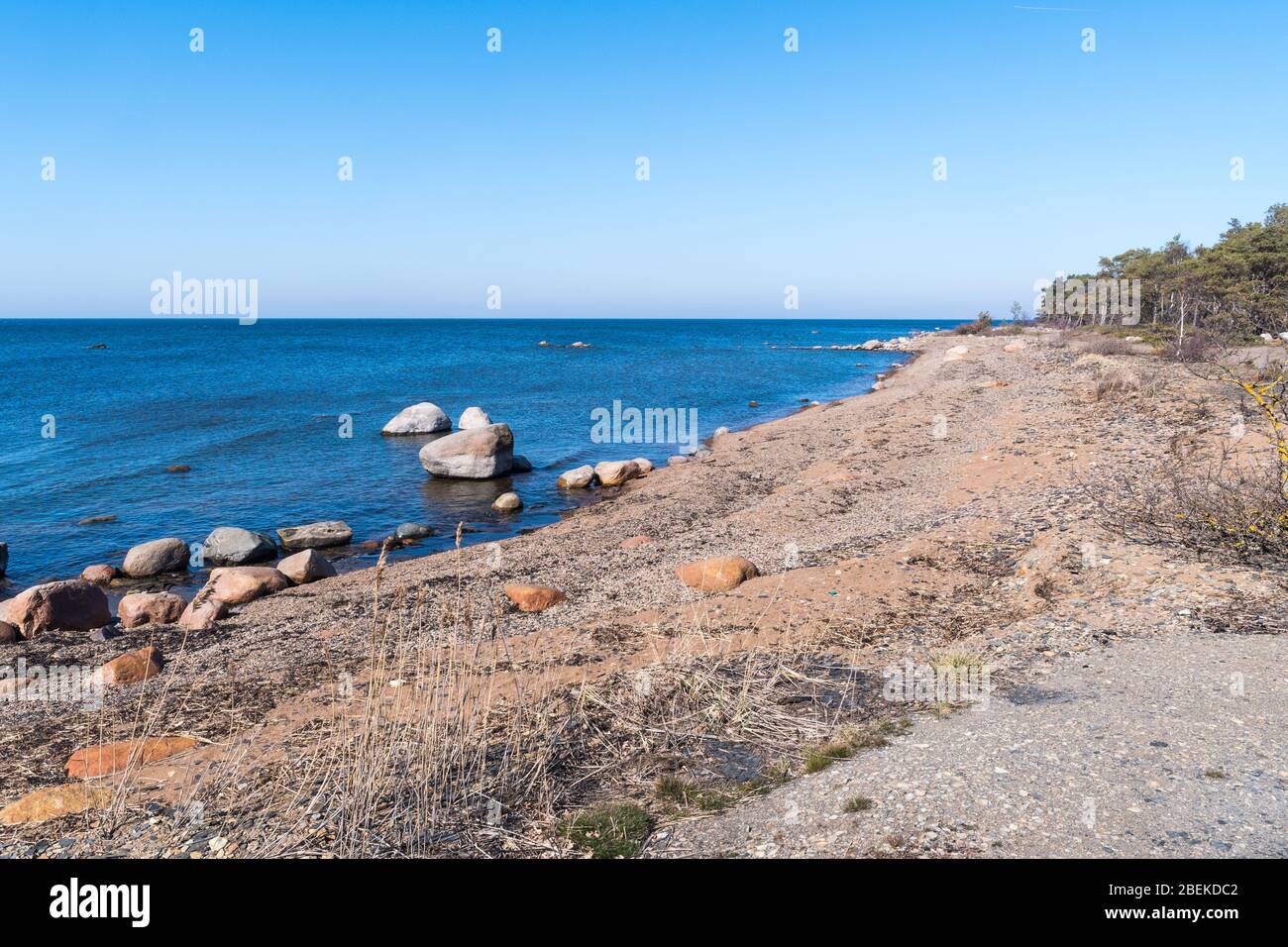 Seashore with blue water and blue sky on the swedish island Oland Stock Photo